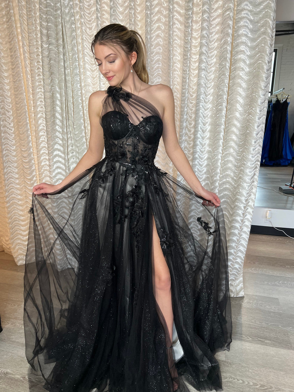 Elegant Leila One Shoulder Evening Gown A1053 in Black by Andrea & Leo - Perfect for Prom, Wedding Guest & Formal Events