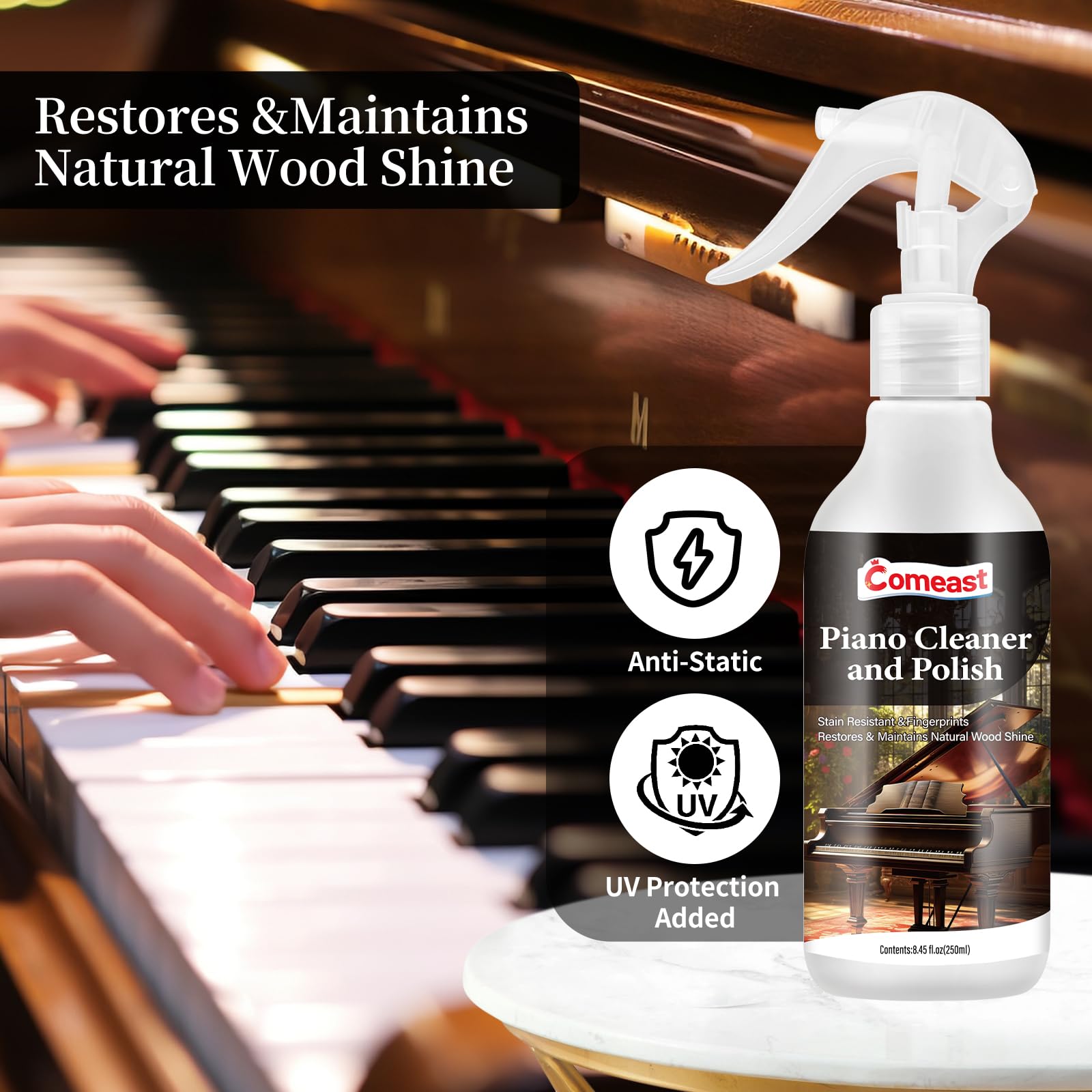 Premium Piano Cleaner & Polish - All-in-One Formula for Cleaning, Waxing & Protecting Glossy Finishes | Restores Shine, Removes Fingerprints & Stains | Enhances Wood & Lacquer Surfaces | 8.45 Fl Oz | Perfect for Home Pianos, Keyboards & Musical Instruments Maintenance