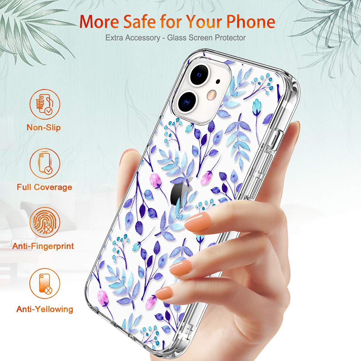 GiiKa Clear Full Body Protective Case for iPhone 12 & iPhone 12 Pro - Shockproof Hard Cover with TPU Bumper, Blue Floral Design - Perfect for Women & Girls, Everyday Use & Gift Giving