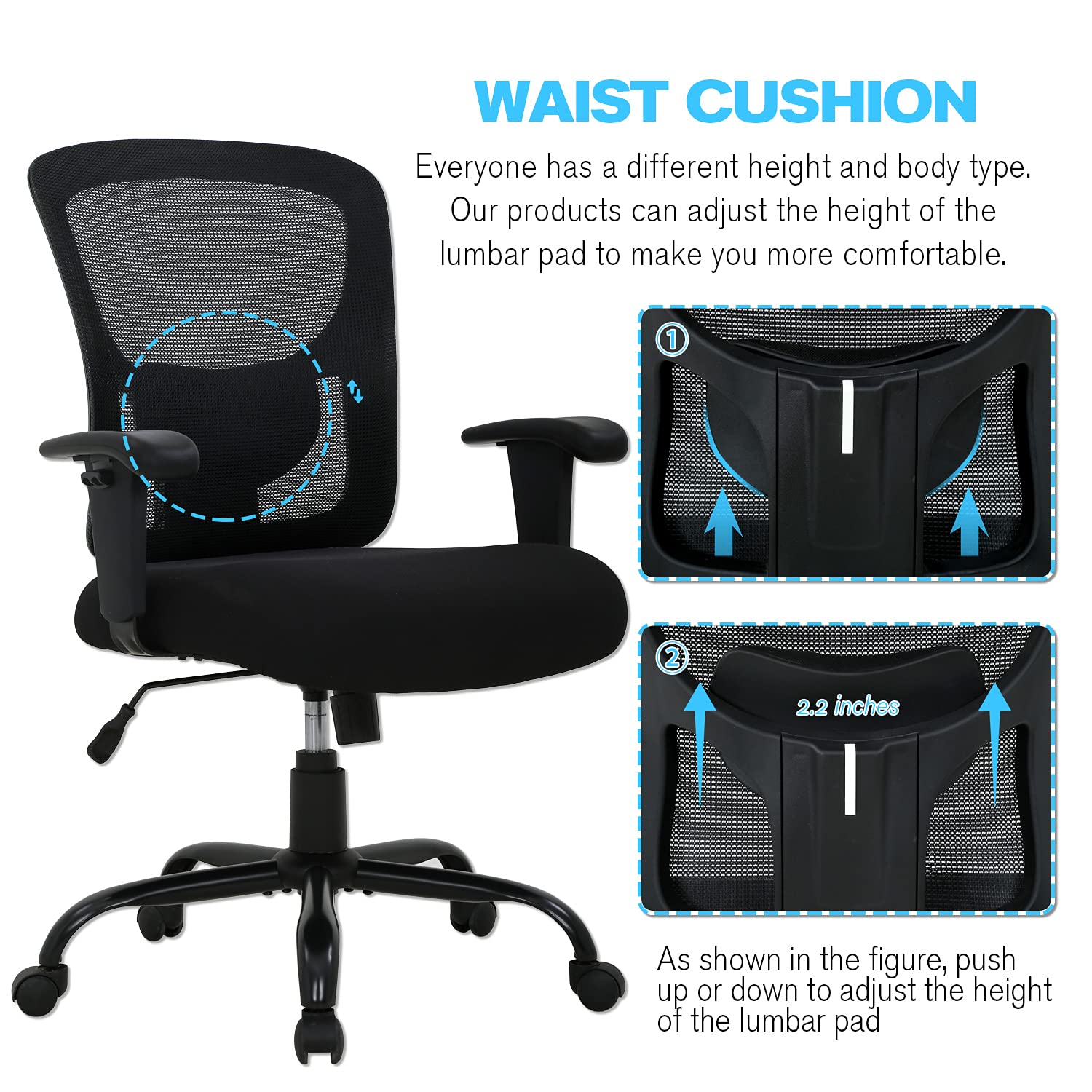 Big & Tall Office Chair 400 lbs Capacity - Heavy Duty Ergonomic Mesh Computer Desk Chair with Adjustable Height, Lumbar Support & Rolling Wheels for Home & Office Use - Perfect for Large & Tall Individuals (Black)
