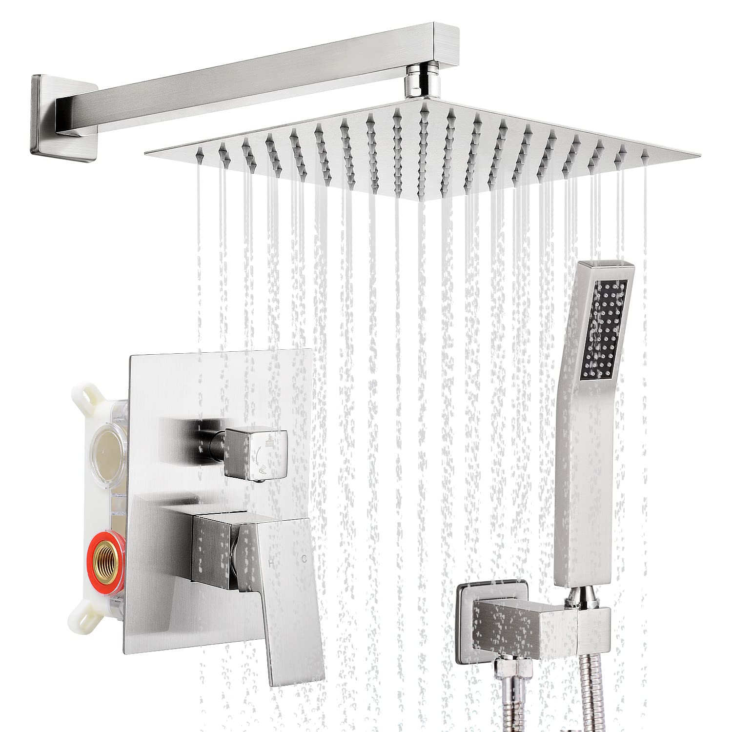 Qomolangma 12 Inch Rain Shower System - Wall Mounted Bathroom Shower Faucet Set with Pressure Balance Valve, 2-Function Shower Head (Rain & Handheld Spray) - Perfect for Modern Bathroom Renovation & Spa-Like Shower Experience