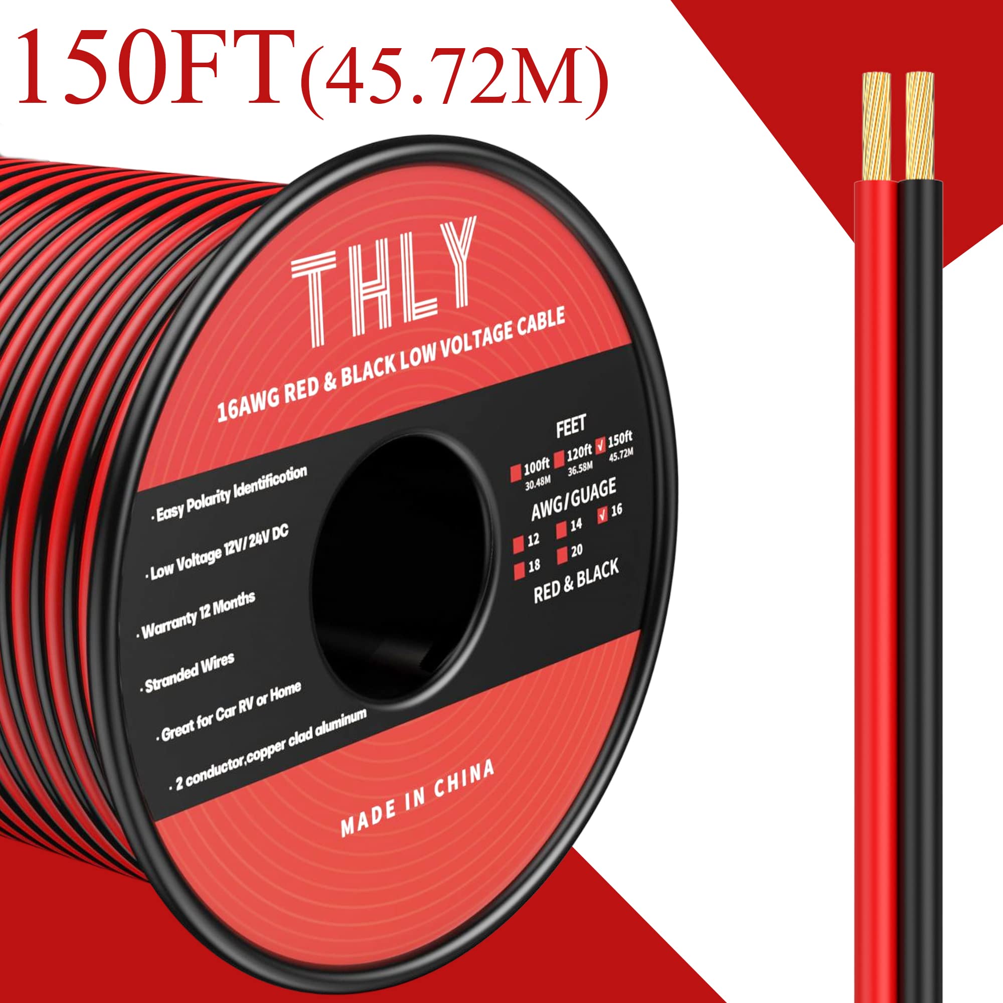 THLY 150FT 16 Gauge 2 Conductor Electrical Wire - Red & Black 12V Automotive Wire for LED Lights, Speakers, Solar Batteries, Marine & Car Applications | Durable Copper Wire for DIY Projects, Home & Vehicle Wiring