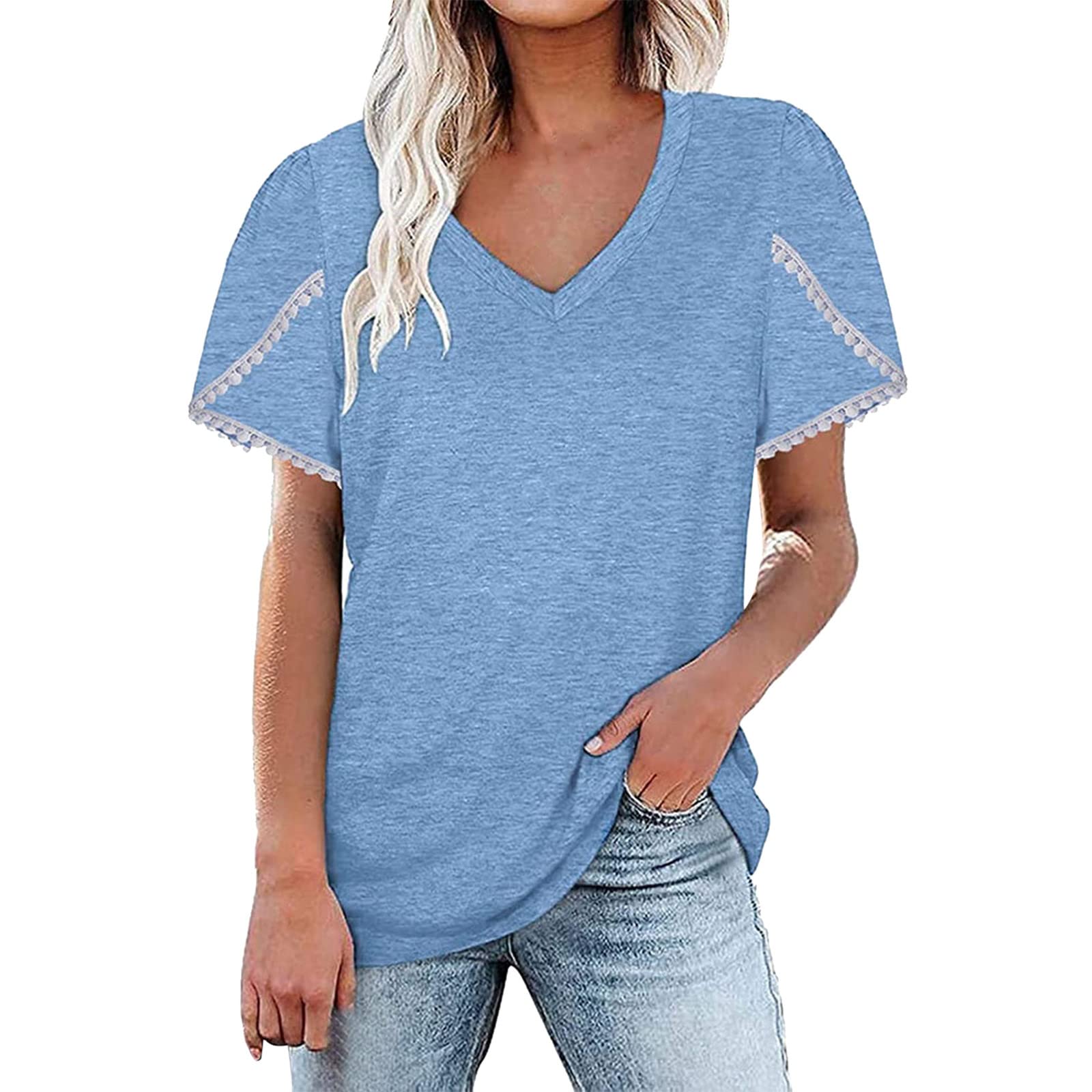 Plus Size Women's Casual V-Neck Short Sleeve T-Shirt - Flowy Petal Sleeve Loose Fit Summer Top for Work, Date Night & Everyday Wear