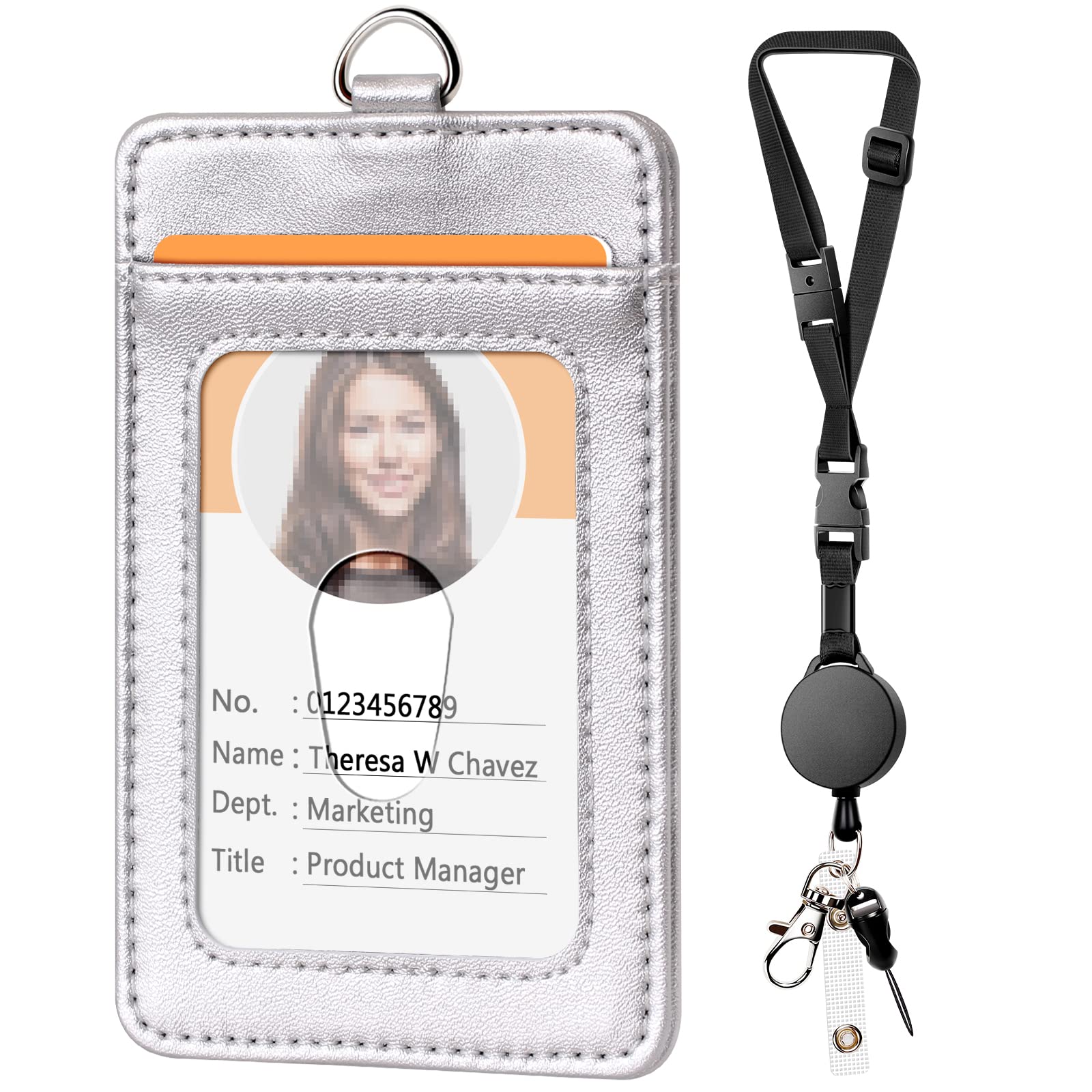 Leather Badge Holder with Retractable Lanyard - Office ID Card Holder for Employees & Students