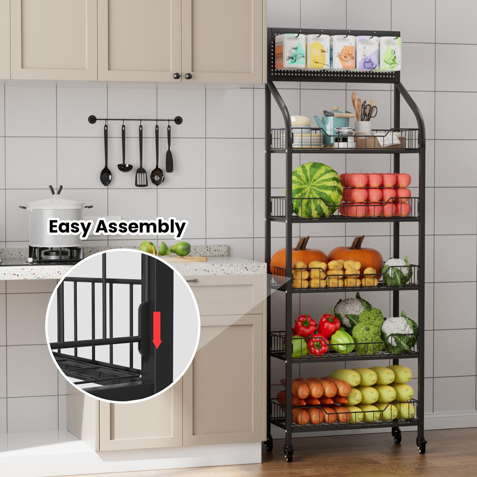 5-Tier Black Metal Candy Display Rack - 23.6x10.6x67 Inch Snack Organizer Stand for Retail Stores, Kitchen & Office - Sturdy Chip Shelf for Bread, Chips & Snacks Display - Perfect for Convenience Stores, Supermarkets & Cafeterias