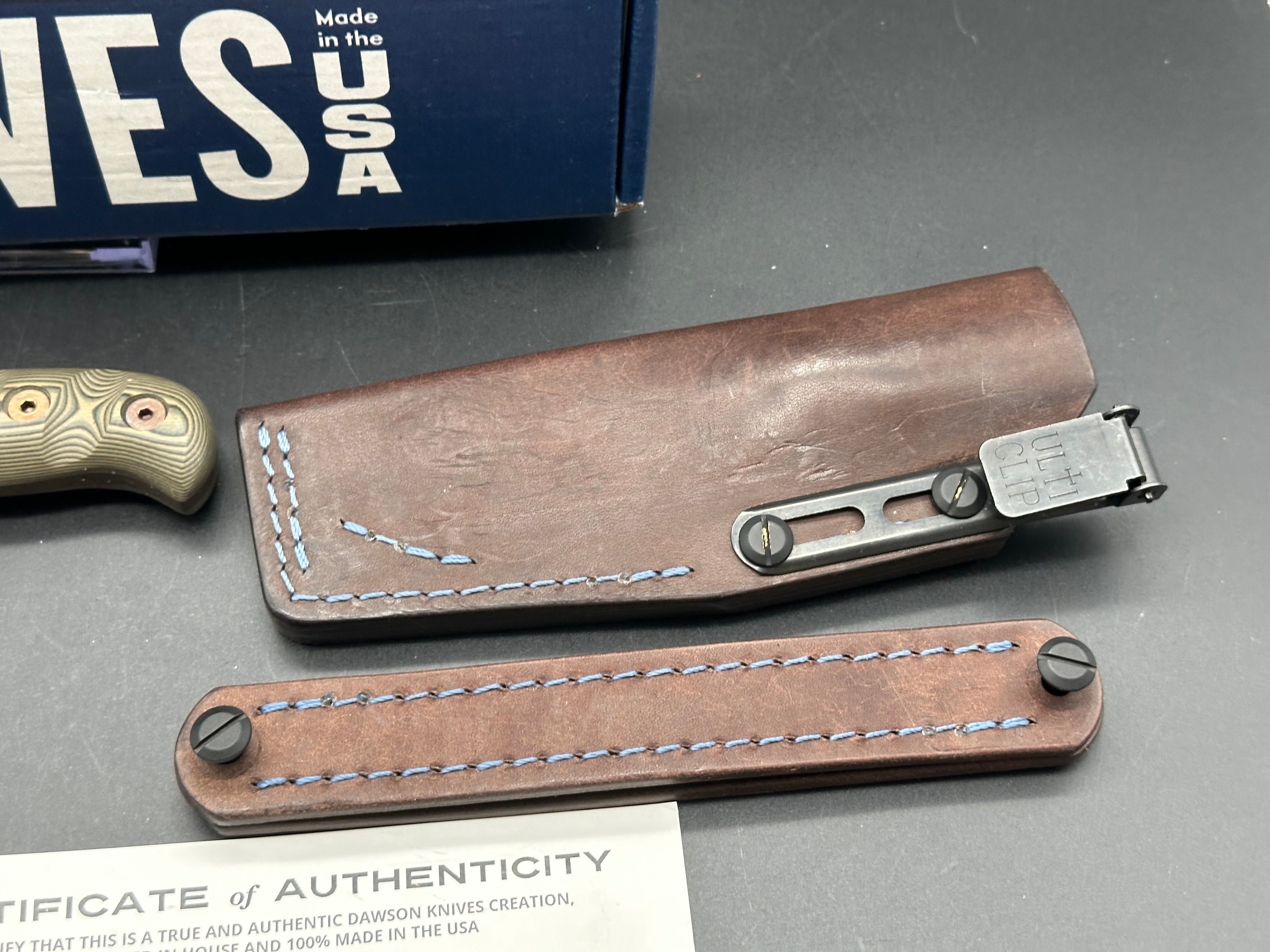 Dawson Deep Notch Magnacut Knife with Ultra Camo Scales & Scorched Earth Blade - Custom Oak City Leather Sheath | Hunting, Camping, Survival Gear & Outdoor EDC Accessories