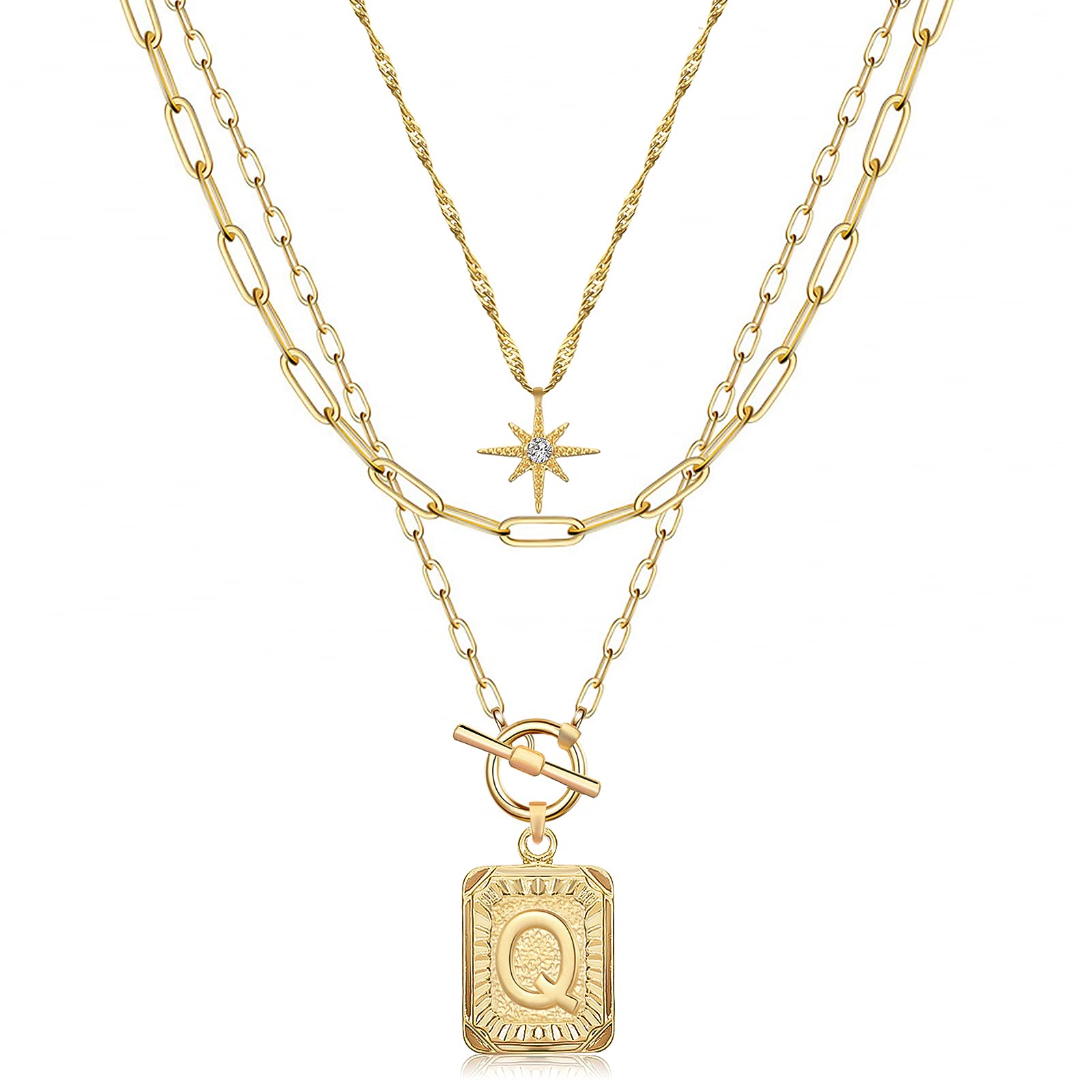 MJartoria 14K Gold Plated Layered Initial Necklace for Women - Trendy Star Choker with Square Letter Pendant & Paperclip Chain, Elegant Gold Necklace Jewelry Gift for Birthday, Anniversary, Valentine's Day | Perfect for Everyday Wear, Date Nights, and Special Occasions