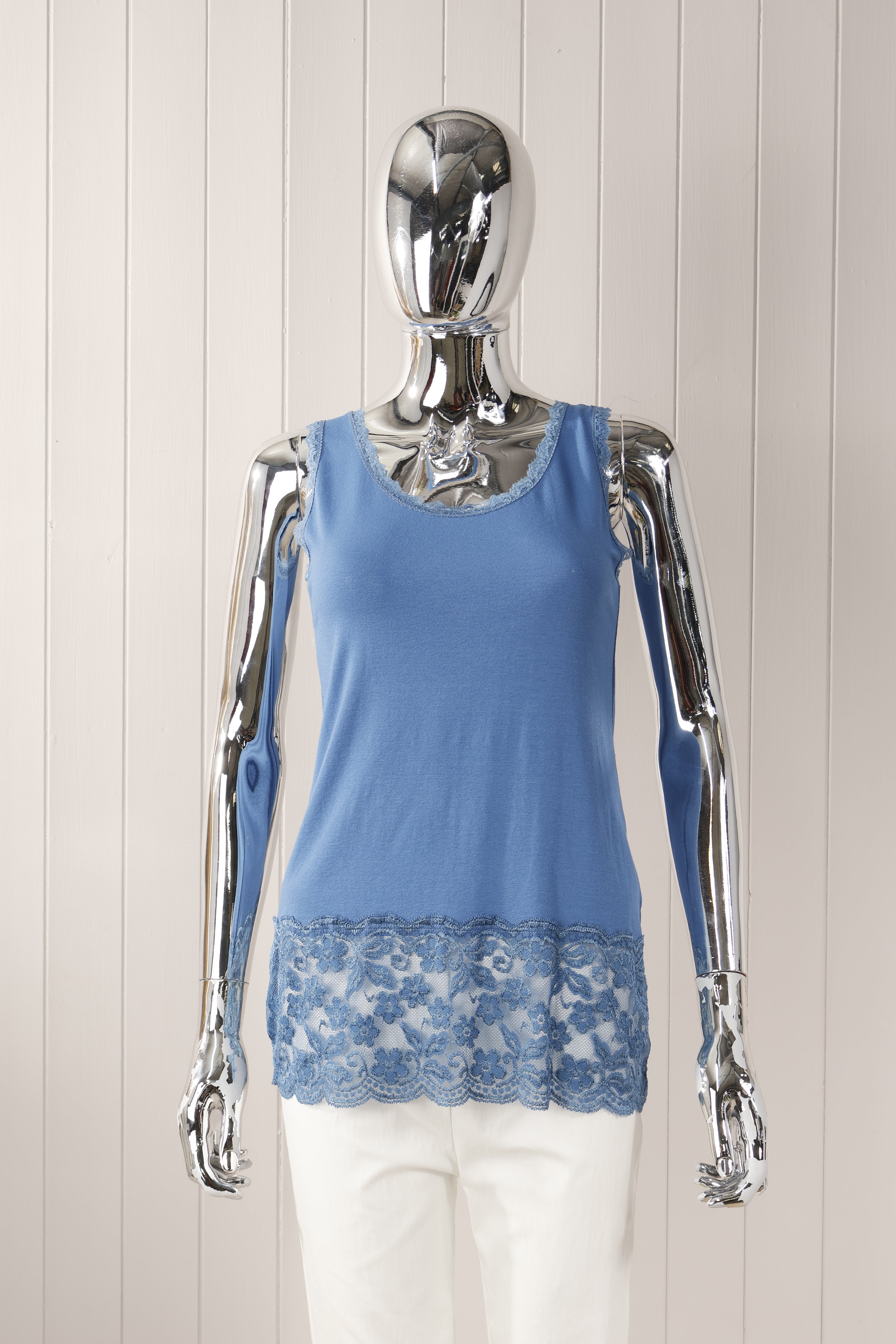 Lace Bottom Vest Denim Blue - Women's Fashion Lace Trim Denim Vest for Casual Outfits & Summer Styling