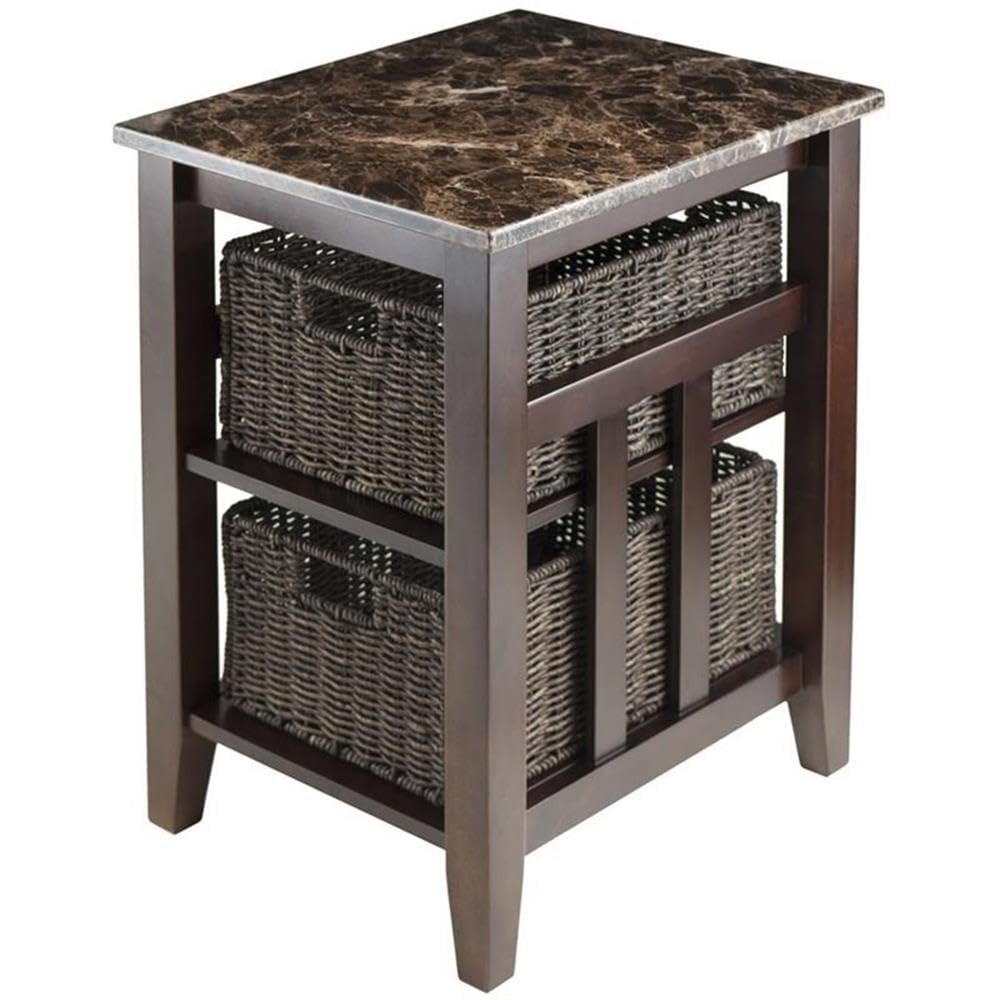 Pemberly Row Walnut Wood Side Table with Baskets for Living Room Decor