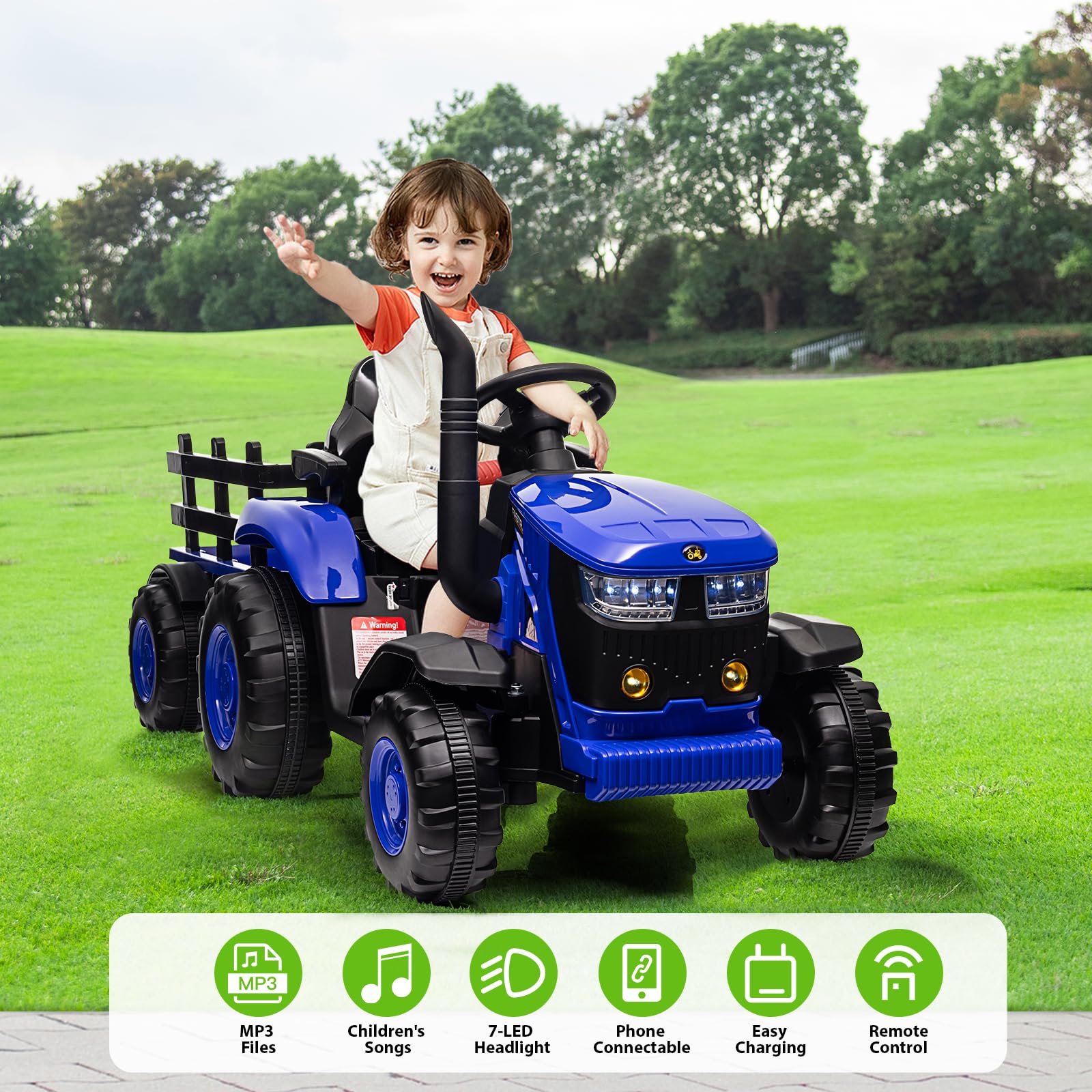 GARVEE 12V Kids Ride On Tractor Toy with Remote Control, 7 LED Lights & Safety Belt - Blue | Outdoor Play, Birthday Gift for Boys & Girls Ages 3-8