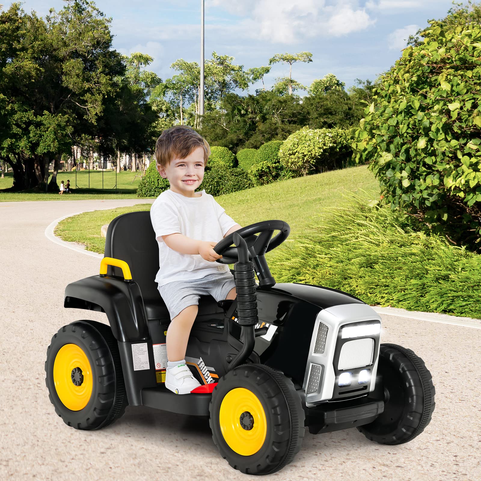 **HONEY JOY 12V Kids Electric Ride-On Tractor with Trailer - 3-Speed Gear Shift, LED Lights, Horn & Music - Battery-Powered Remote Control Toy Car for Boys & Girls (Black) - Perfect for Outdoor Play & Farm-Themed Adventures**