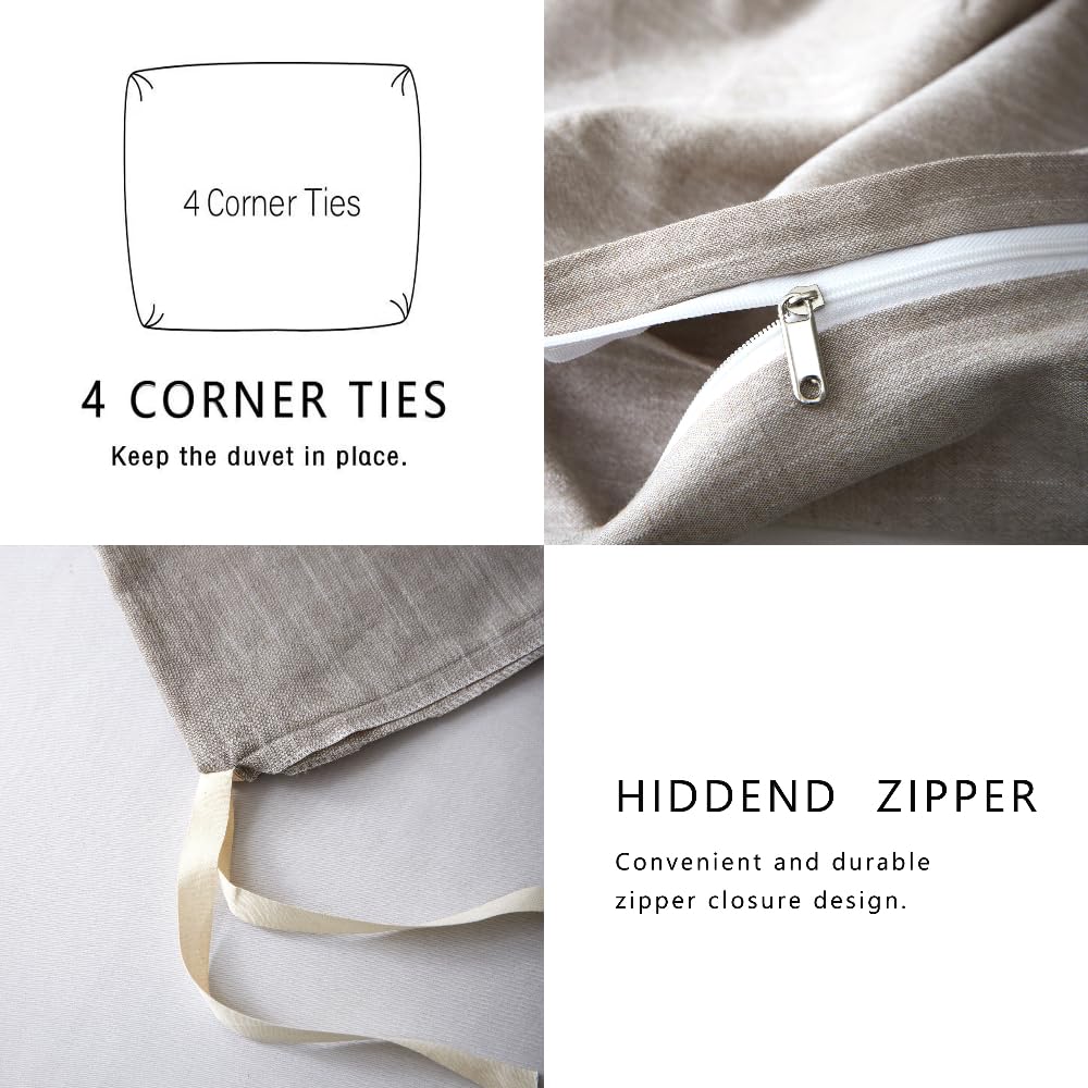 Stonewashed Cotton Linen Duvet Cover Twin Size - 3 Piece Breathable Comforter Set | Soft Skin-Friendly Bedding in Khaki | Perfect for Guest Rooms, Dorms & Cozy Bedrooms