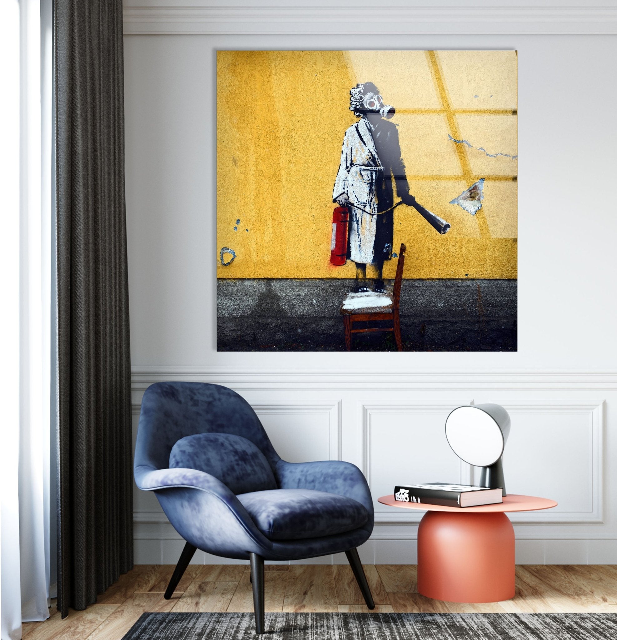 Banksy Woman with Gas Mask Glass Wall Art - Modern Home Decor, Office & Living Room Wall Sticker - Unique Urban Street Art Print for Contemporary Spaces