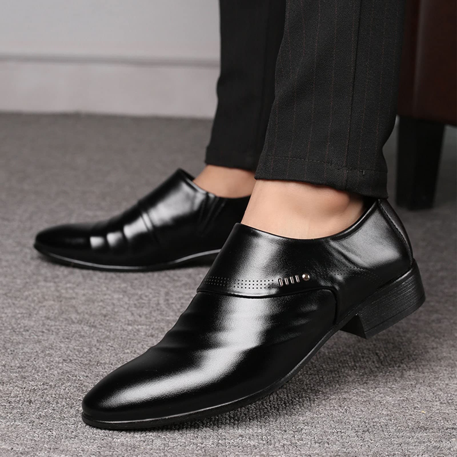 BORAMAX Men's Slip-On Loafers - Formal Leather Dress Shoes for Wedding & Business with Metal Strip Decoration | Comfortable Office Shoes for Professional & Special Occasions