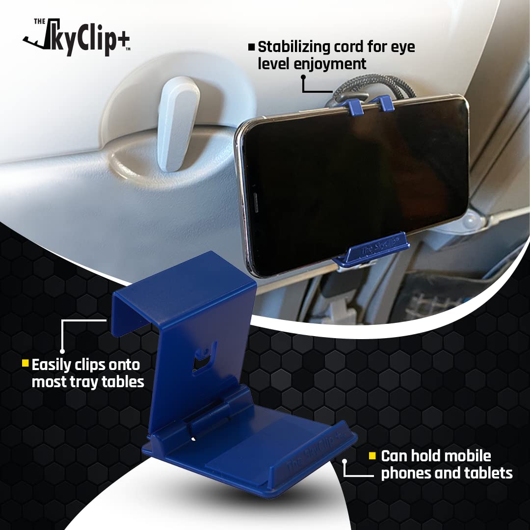 SkyClip+ Universal Phone & Tablet Holder for Airplane, Home & Office - Adjustable Inflight Phone Mount Stand Compatible with iPhone, Android, Kindle & iPad - Perfect Travel Accessory for Hands-Free Viewing (Blue)