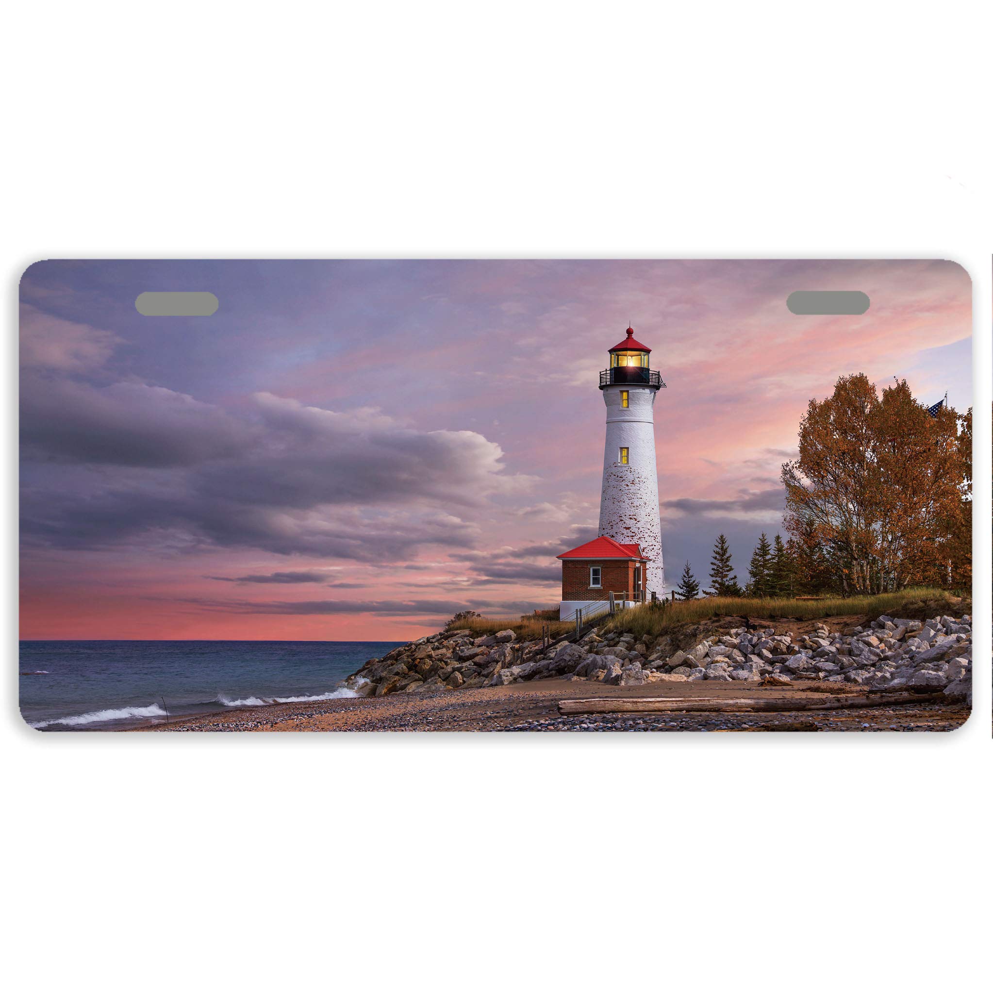 Sunset Lighthouse Metal License Plate Cover - 11.8 x 6.1 Inch Decorative Car Tag with 2 Holes - Rustproof Automotive Accessory for Cars, Trucks & Motorcycles - Perfect for Road Trips & Coastal-Themed Vehicles