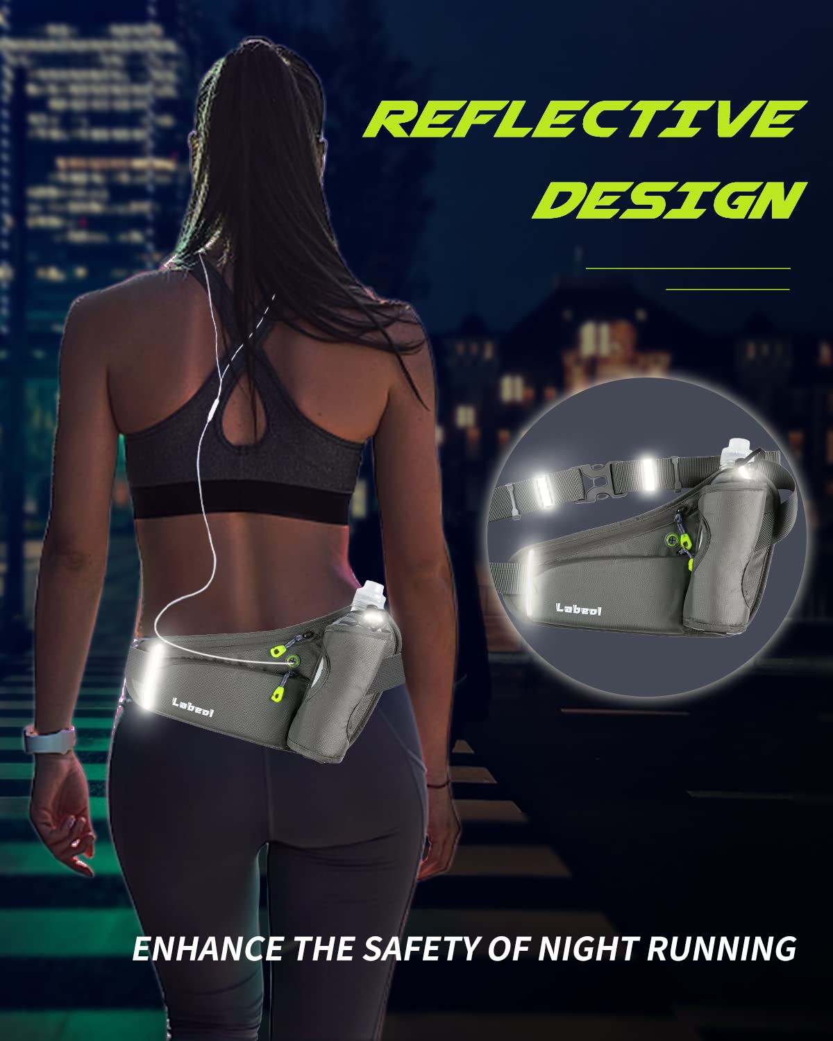Labeol Adjustable Running Belt with Water Bottles - 2 Zipper Pockets Hydration Waist Pack for Men & Women - Lightweight Fanny Pack for Hiking, Climbing, Jogging & Outdoor Activities (Gray)