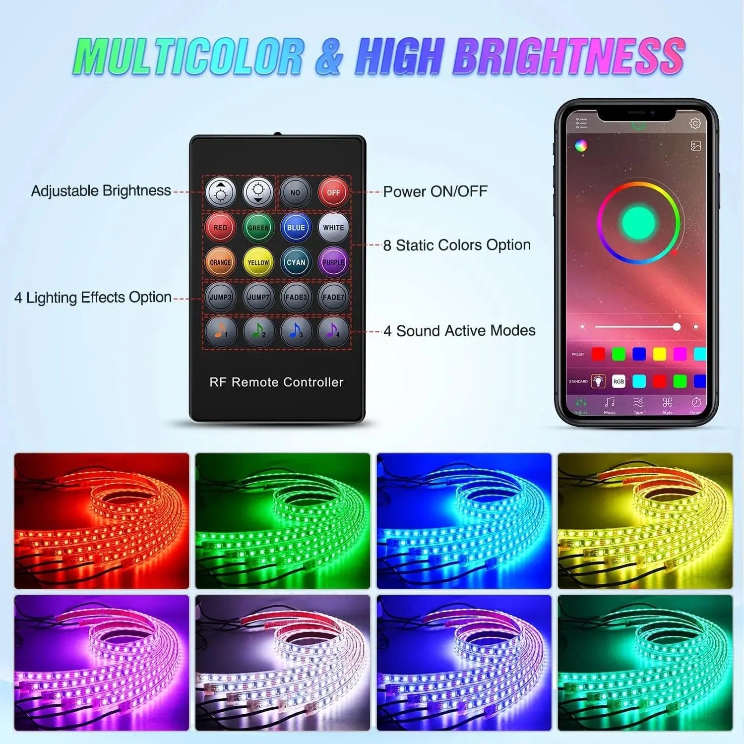 300 LEDs RGB Underglow Neon APP Remote Control LED Strip Lights (6 Pack) - Perfect for Car Interior, Bedroom, Party, and Home Decoration