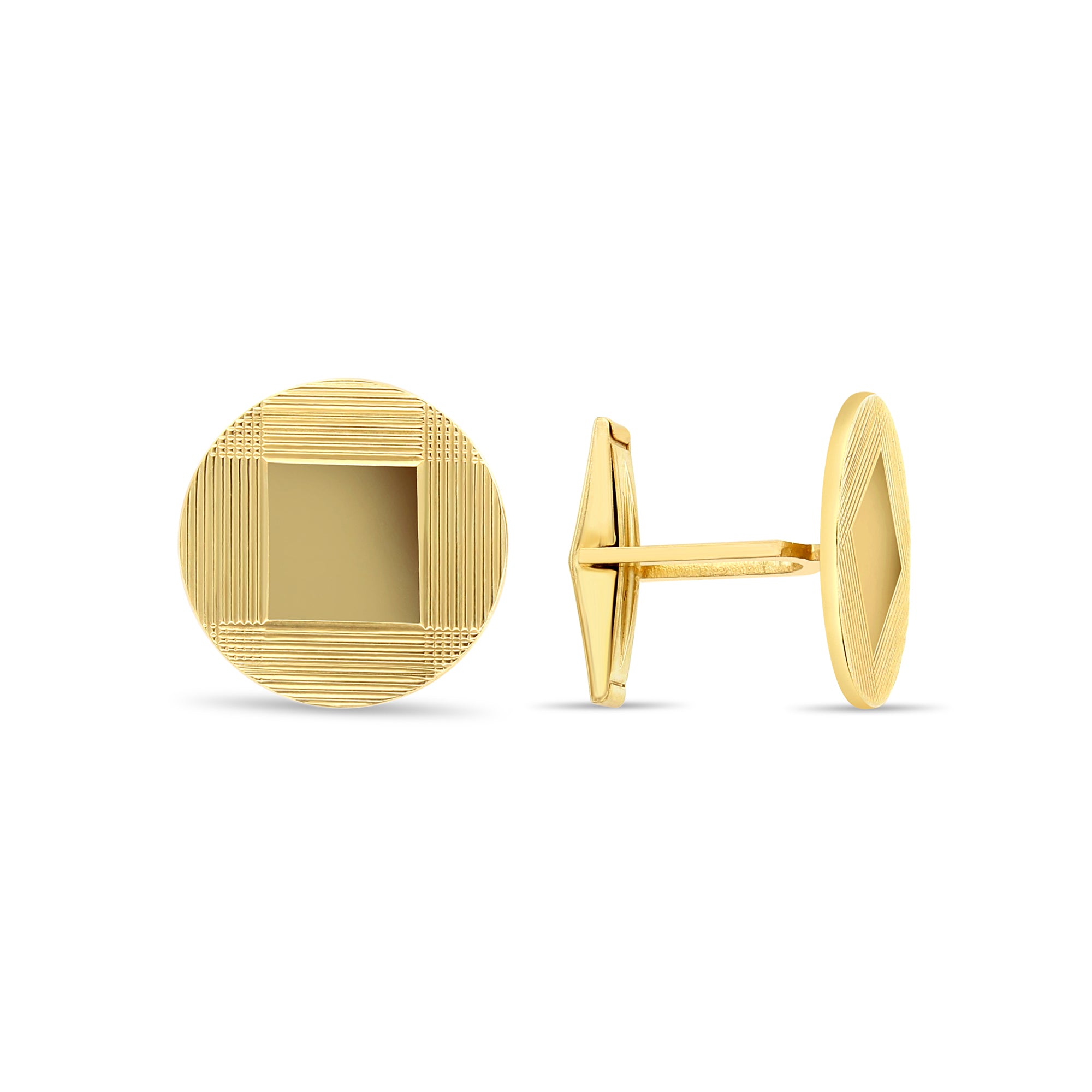 14K Gold Round Cufflinks with Polished Square Design - Elegant Men's Wedding & Formal Wear Accessories for Business, Prom & Special Occasions