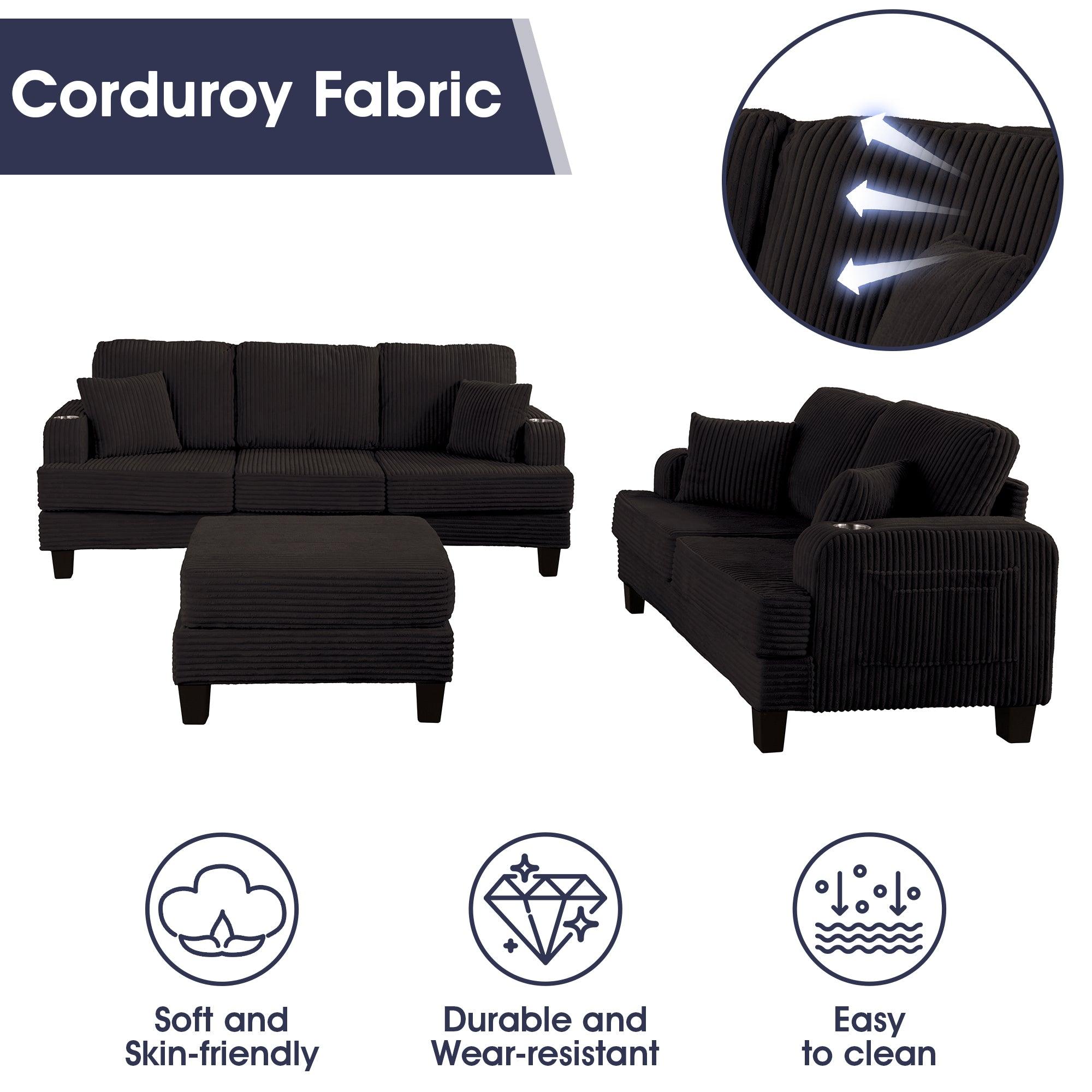 3-Piece Black Sofa Set with Storage Ottoman - Comfy 3-Seater Couch & Loveseat for Living Room | Includes USB Ports, Side Pockets & Throw Pillows | Perfect for Family Gatherings, Movie Nights & Small Space Living
