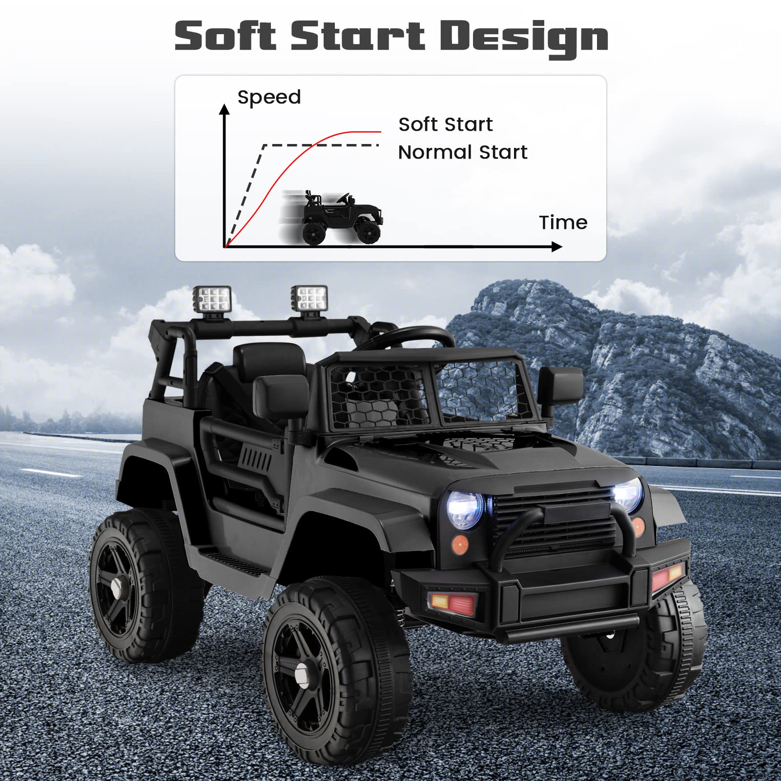 OLAKIDS 12V Electric Ride On Truck for Kids - Remote Control Battery Powered Toy Car with 2 Speeds, Spring Suspension, LED Lights & Music | Great Gift for Toddlers Birthday & Outdoor Play (Black)