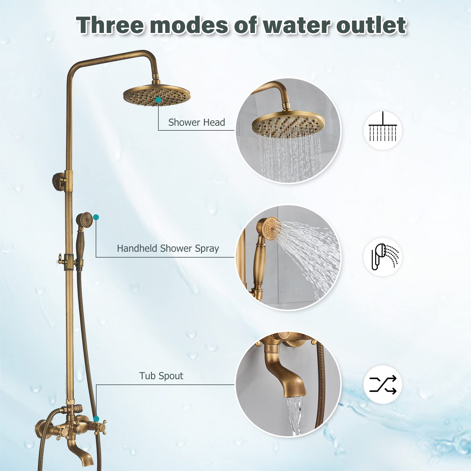 Antique Brass 8-Inch Rainfall Shower System - Wall-Mounted Dual Cross Handle Bathtub Shower Mixer Tap with Hand Sprayer - Perfect for Modern & Vintage Bathroom Designs