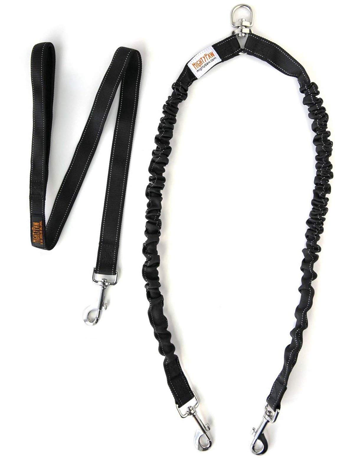 **Mighty Paw Double Dog Leash - Bungee Shock Absorbing Leash for Small Dogs (10-30 lbs) - Tangle-Free Dual Dog Leash with Comfort Handle - Perfect for Walking, Hiking & Training - Black**