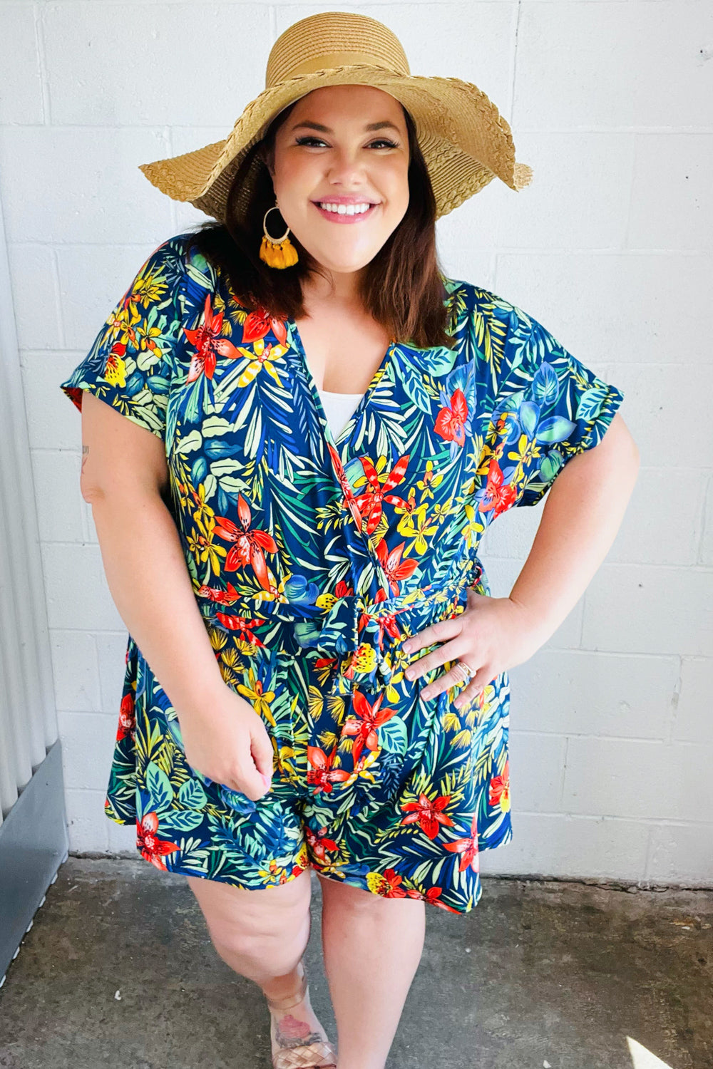 Navy Blue Tropical Floral Print Surplice Romper for Women - Summer Beach Vacation, Pool Party & Casual Outfit