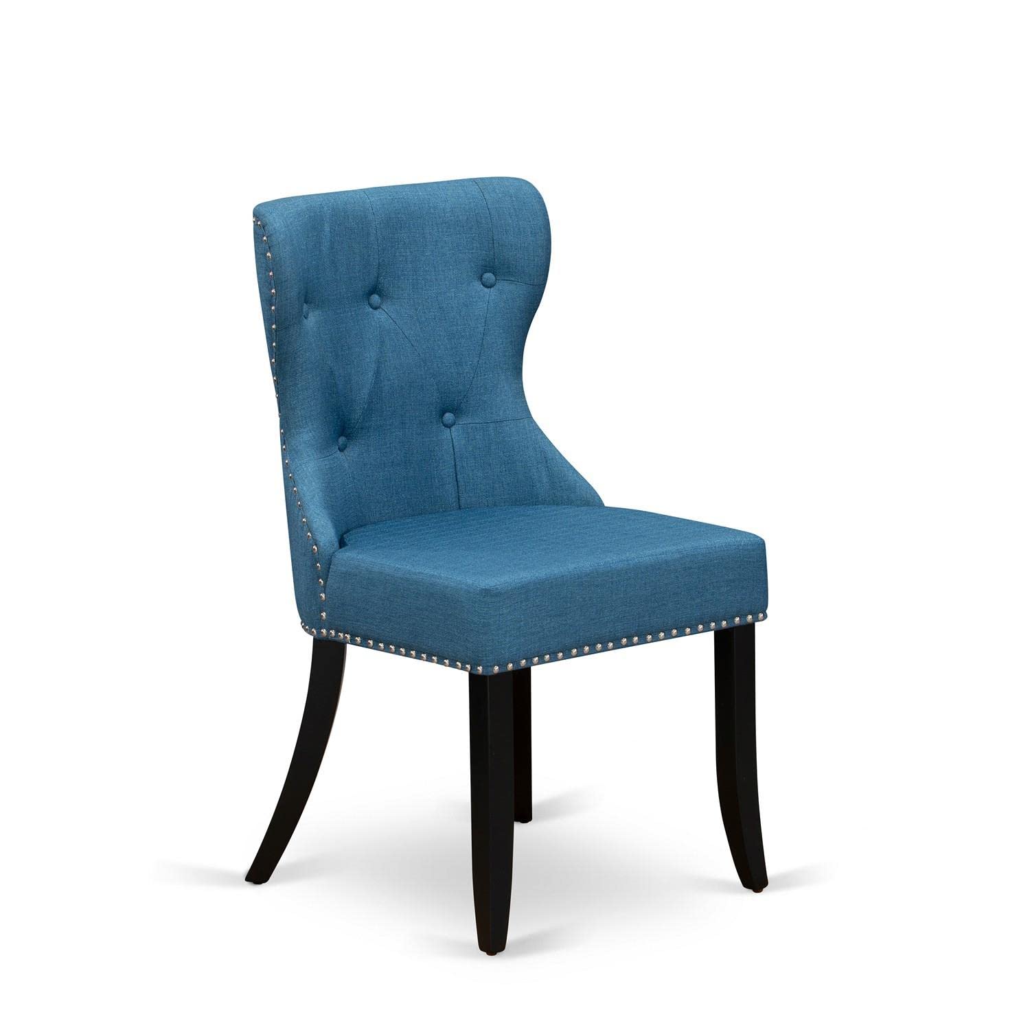 East West Furniture Sion Parson Dining Room Chairs - Set of 2 Blue Linen Upholstered Button Tufted Chairs with Nailhead Trim, Black | Elegant Dining Room Seating for Home & Restaurant Use