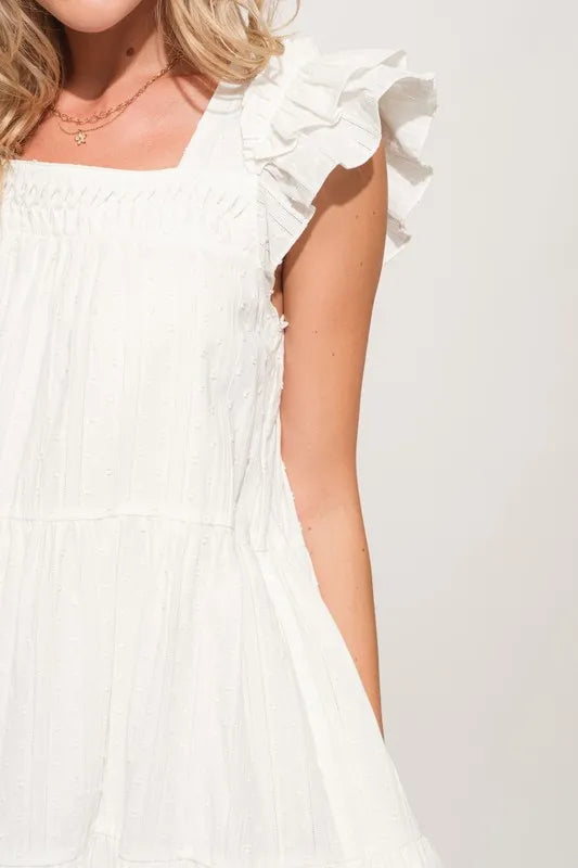 Elegant White Pleated Ruffled Sleeve Tiered Resort Dress for Women - Perfect for Beach Vacations, Summer Weddings & Tropical Getaways