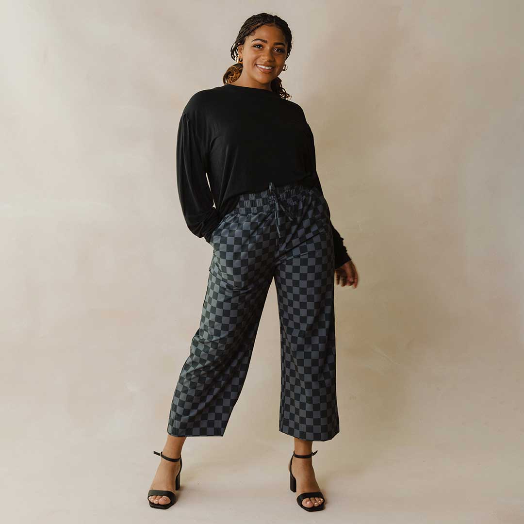 Audrey Wide Leg Pants for Women - Stylish Slate Checkered High Waist Trousers | Office Wear, Casual Outfits & Business Travel Essentials