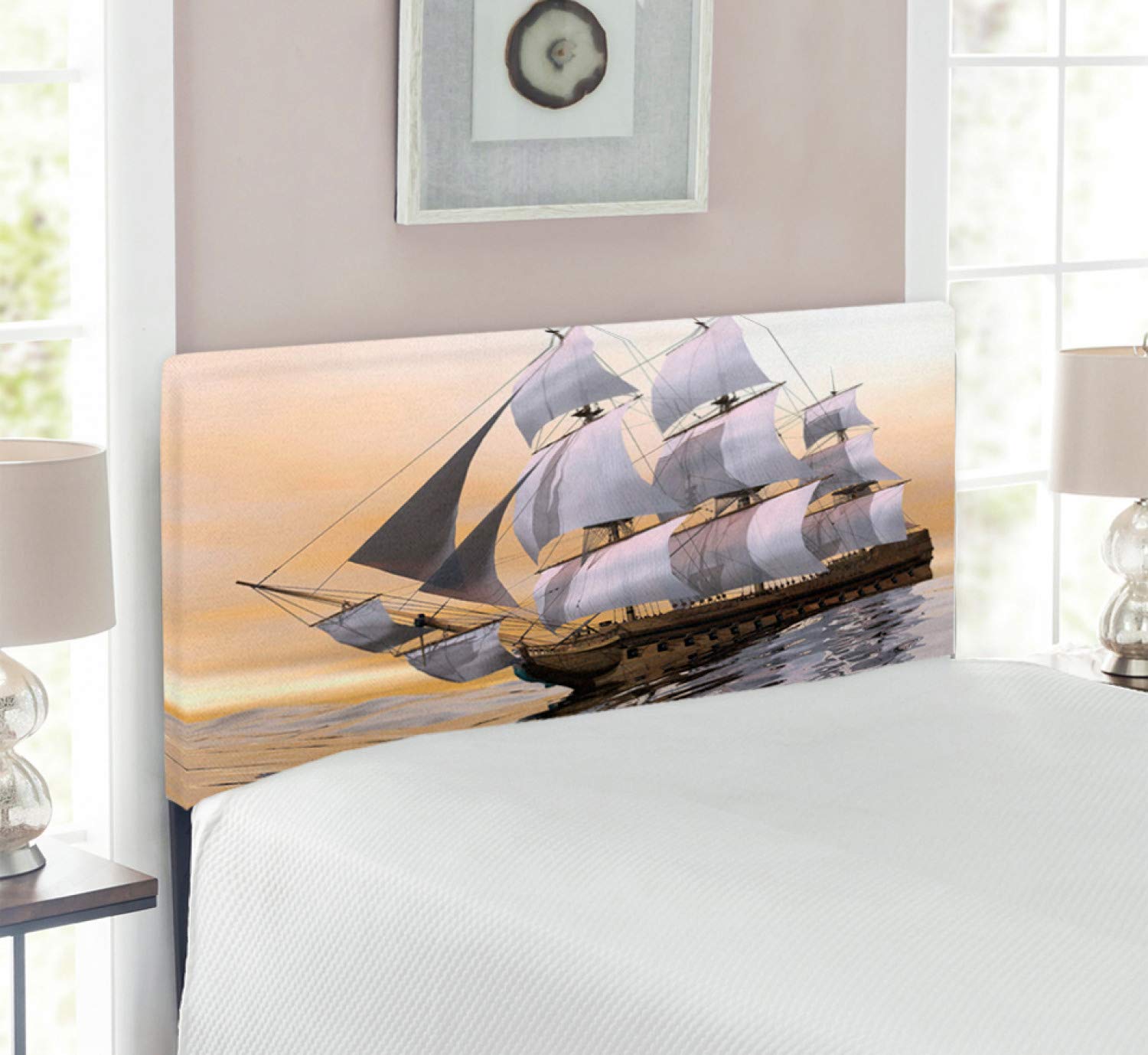 Ambesonne Nautical Headboard - Twin Size Upholstered Metal Bed Headboard with Memory Foam, Ship Sailing Ocean Digital Print, Sailor & Pirate Themed Decor for Coastal & Beach House Bedrooms