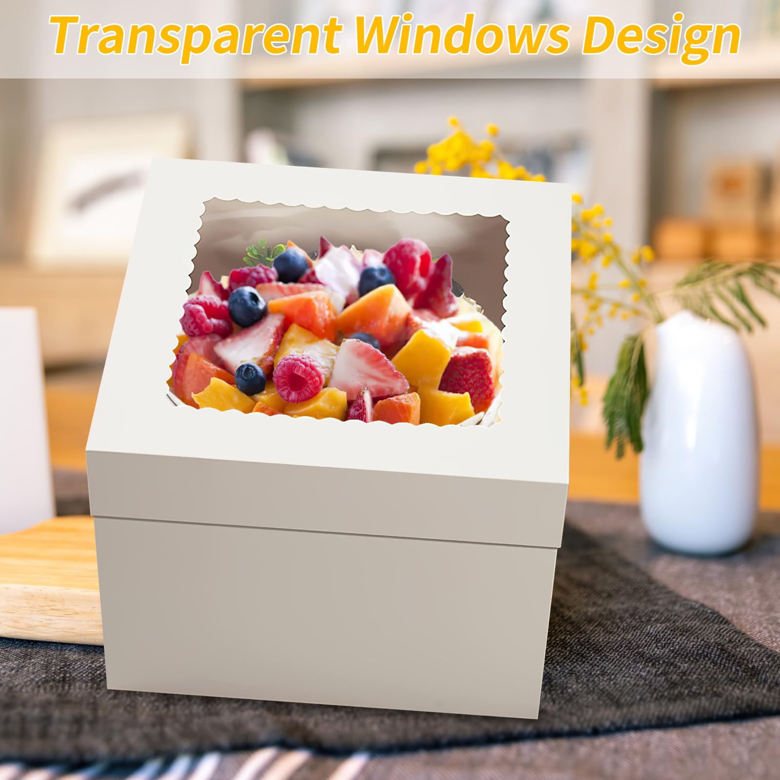 WINKIO 12x12x8 Inch White Cake Boxes 4-Pack with Window - Perfect for Cookies, Pies & Cupcakes