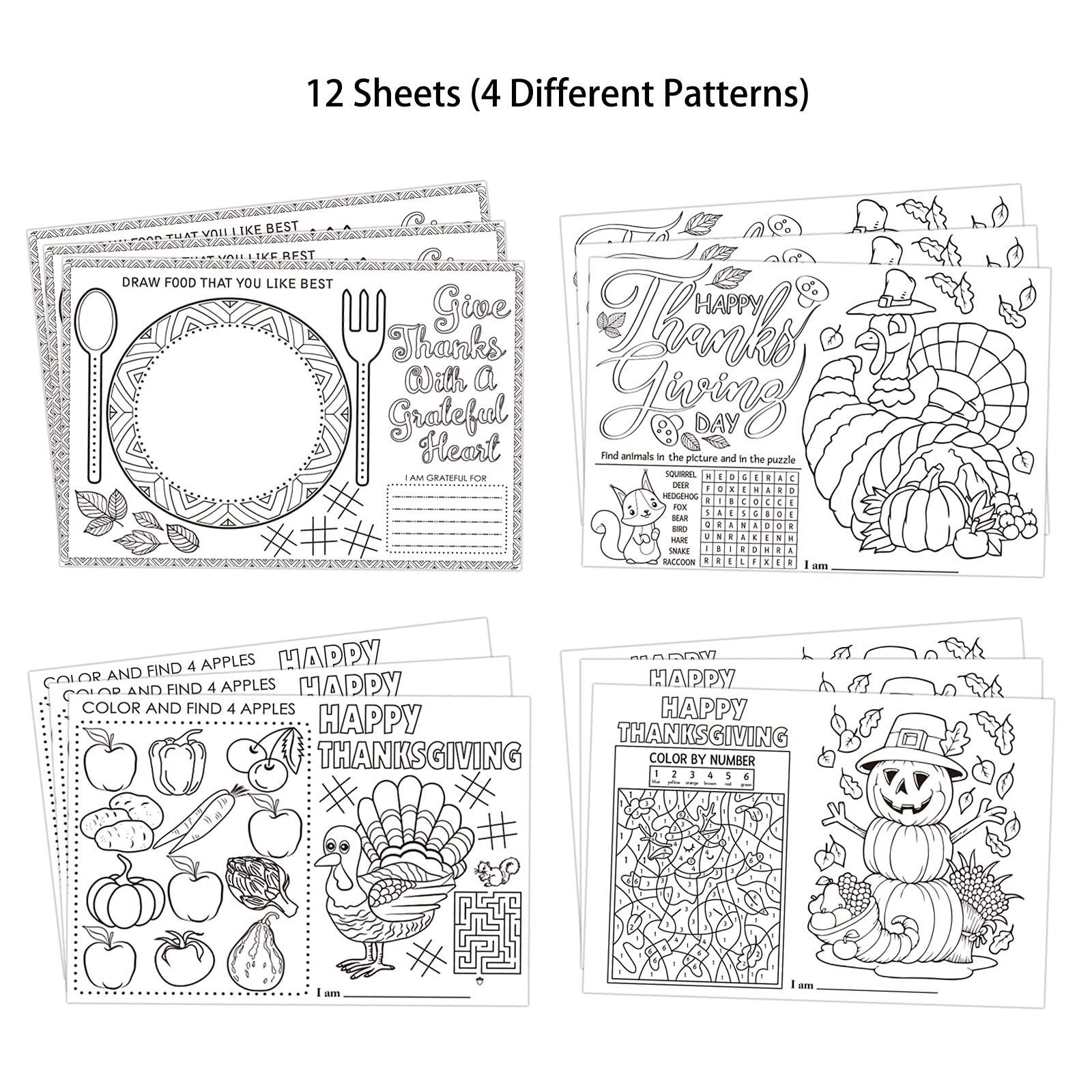FLYAB Thanksgiving Coloring Placemats for Kids - 12 Pack 16.8