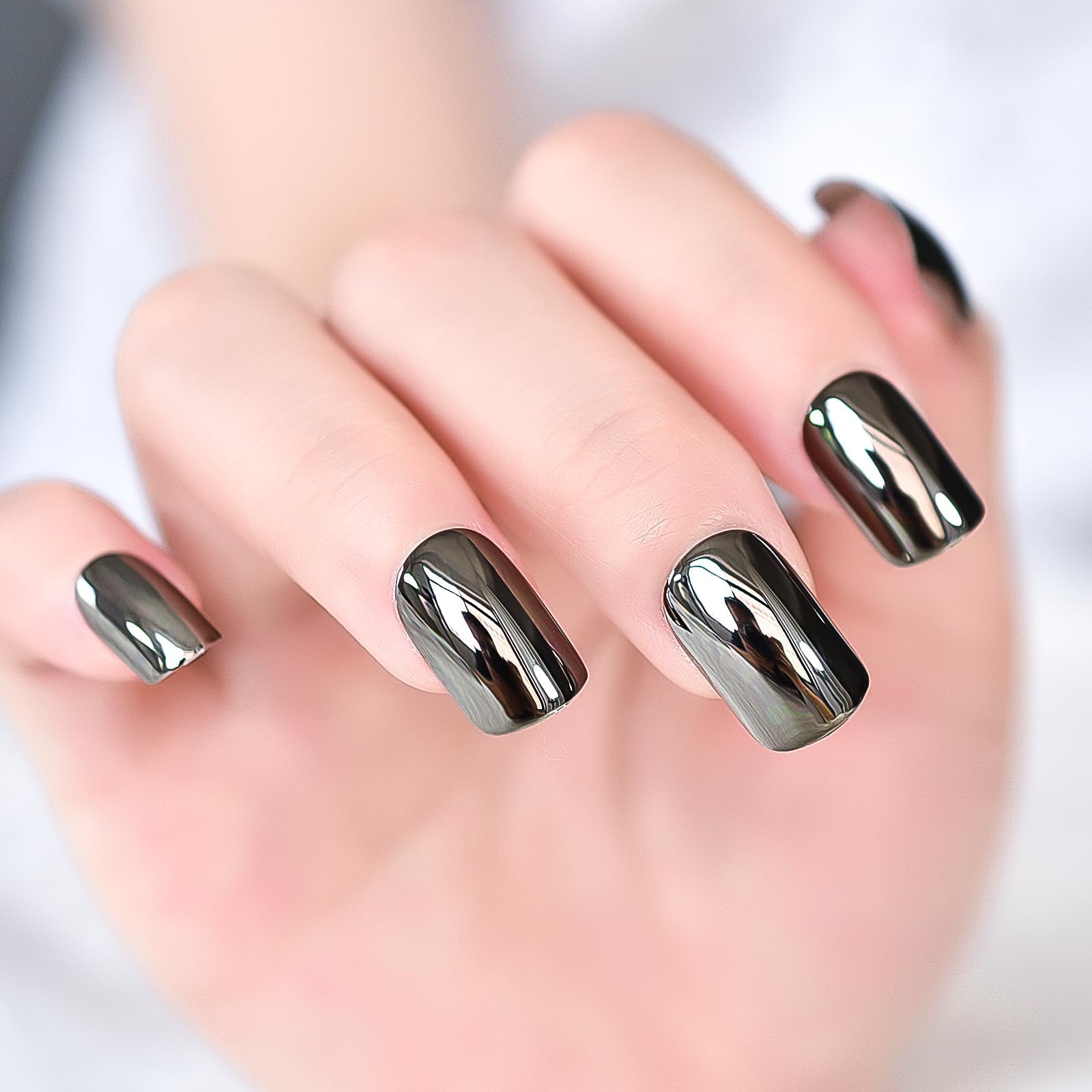 Classic Dark Gray Black Glossy False Nails - Reflective Mirror Acrylic Nail Tips for Punk Style Square Squoval Fake Nails | Perfect for Manicure, Daily Office Wear, Salon & Nail Art | Faux Ongles for Women