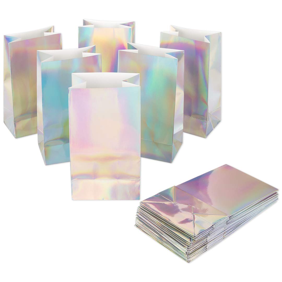 Andaz Press 25 Pack Iridescent Holographic Silver Foil Party Treat Bags - 4.5 x 8.5 Inch Gift Favor Bags for Birthday, Wedding, Baby Shower & Holiday Events - Perfect for Guest Favors, Thank You Gifts & Goodie Bags