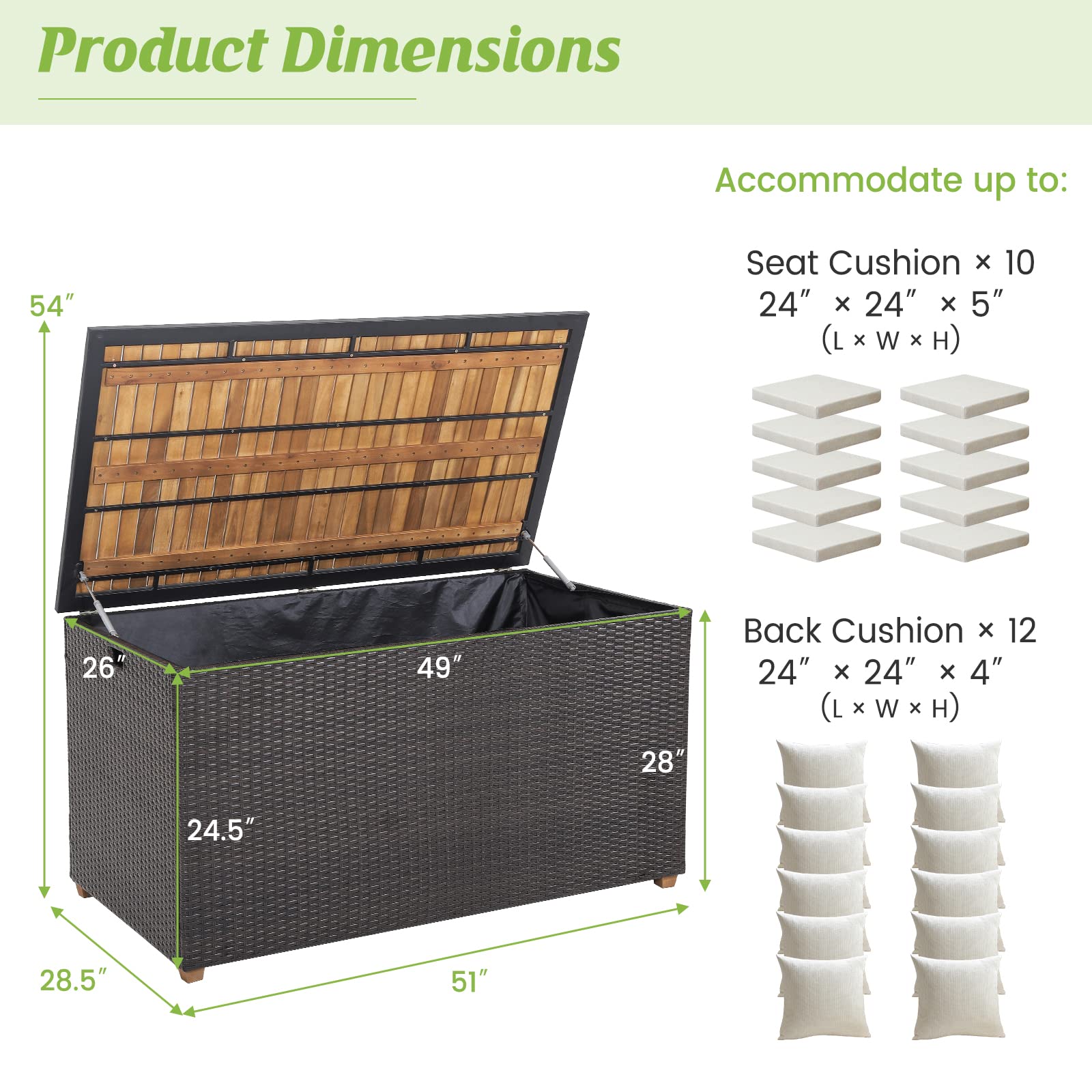 HAPPYGRILL 134 Gallon Rattan Deck Box with Zippered Liner - Waterproof Outdoor Storage Container with Acacia Wood Top & Feet, Effort-Saving Pneumatic Rod - Perfect for Patio, Porch, Backyard, Garden Organization & Cushion Storage