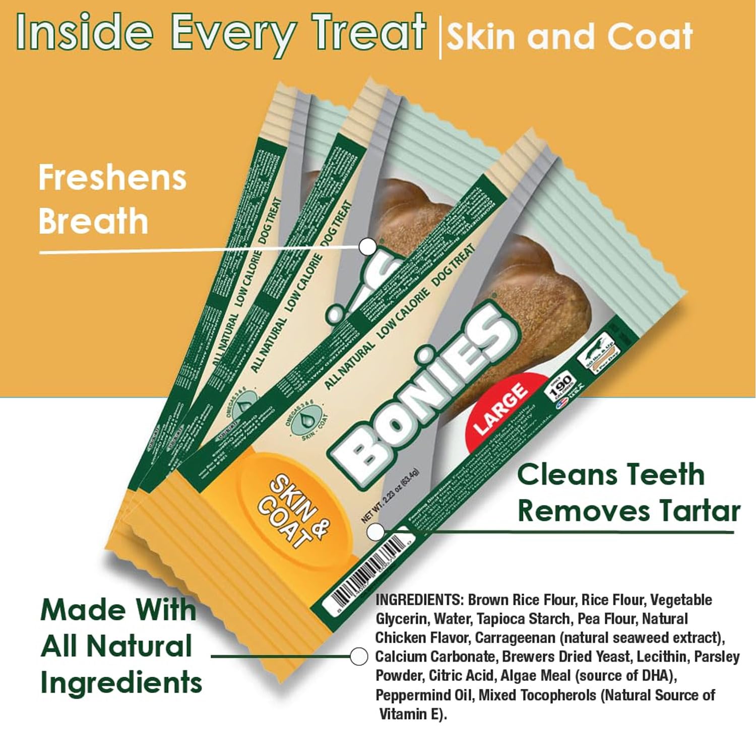 Bonies Natural Skin & Coat Formula Small Dog Treats - Promote Silky Coat, Healthy Skin, Teeth & Fresh Breath - Low Calorie Chicken Flavor (15 Count) - Perfect for Training, Rewards & Dental Care for Small Breeds