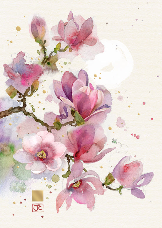 Beautiful Bug Art Greeting Card with Pink Magnolia Design - Perfect for Birthdays, Thank You Notes & Special Occasions