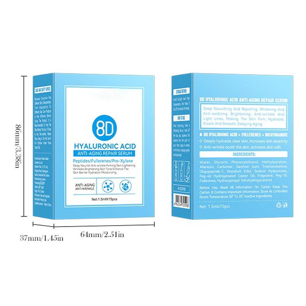 8D Hyaluronic Acid Serum for Face - Anti-Wrinkle Repair Essence with Deep Hydration, Ultra Moisturizing Skincare Vials (15pcs/Box) - Perfect for Dry Skin Care Routine & Night Time Skin Repair