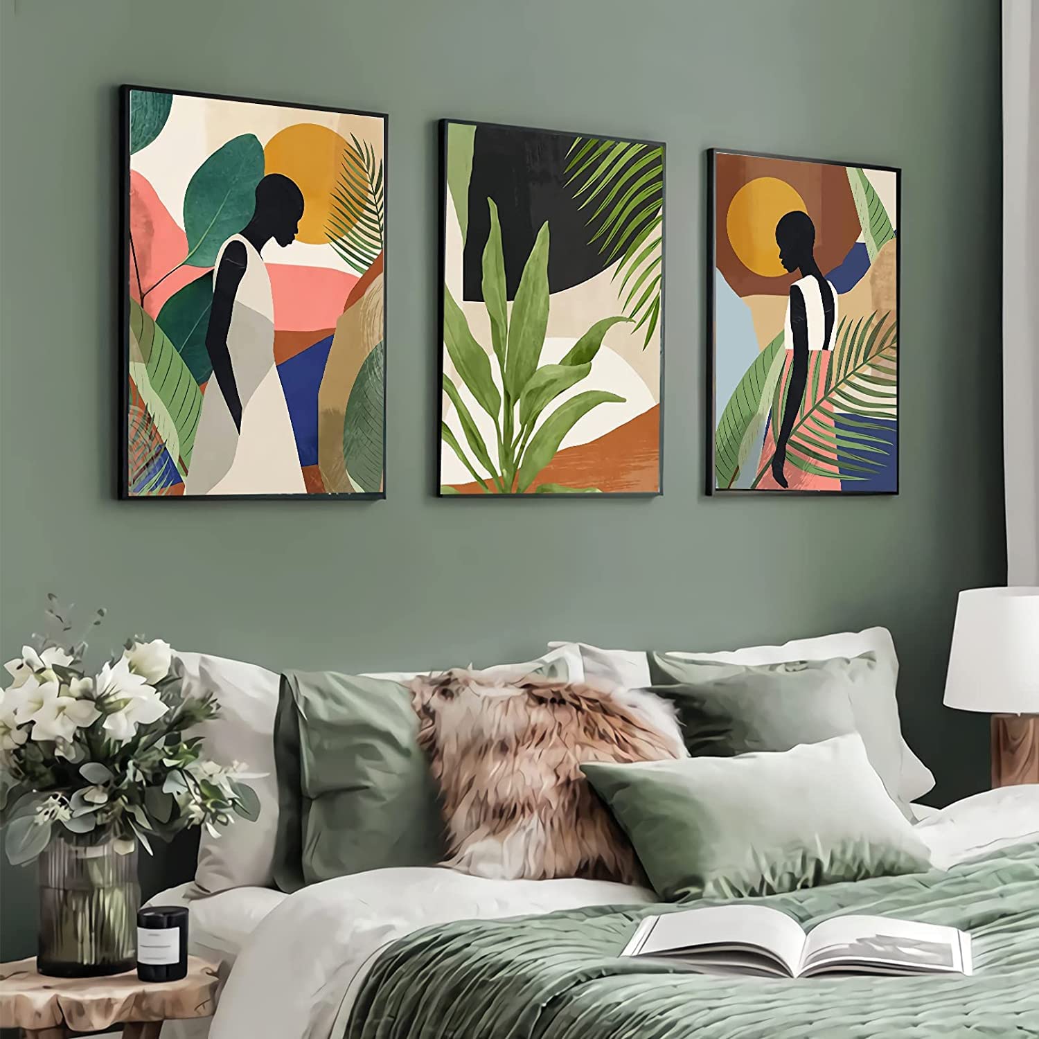 Abstract African American Wall Art Canvas Painting - Set of 3 Black Woman & Green Plant Prints, Nordic Style Posters for Living Room Decor, Unframed Wall Art - Perfect for Home, Office & Gift Giving