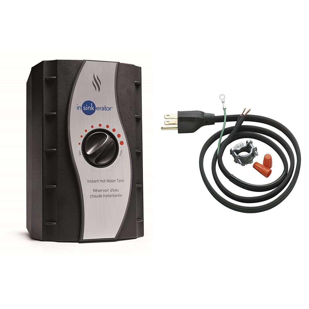 InSinkErator Instant Hot Water Tank - 2/3 Gallon Stainless Steel Under Sink Water Heater with Garbage Disposal Power Cord Kit (HWT-00 & CRD-00, Black) - Perfect for Kitchen Sink, Coffee & Tea Making, Dish Washing