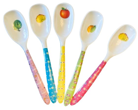 5-Piece Kids Melamine Plastic Spoon Set - BPA-Free, Reusable Toddler Utensils & Silverware for Children & Adults (Assorted Designs) - Perfect for Home, School Lunch, Picnics & Travel