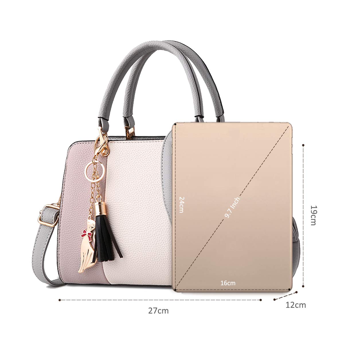 NICOLE&DORIS Women's PU Leather Handbag with Tassel Pendant - Stylish Top Handle Shoulder Bag & Crossbody Tote for Ladies (Gray) | Perfect for Work, Travel, and Everyday Use