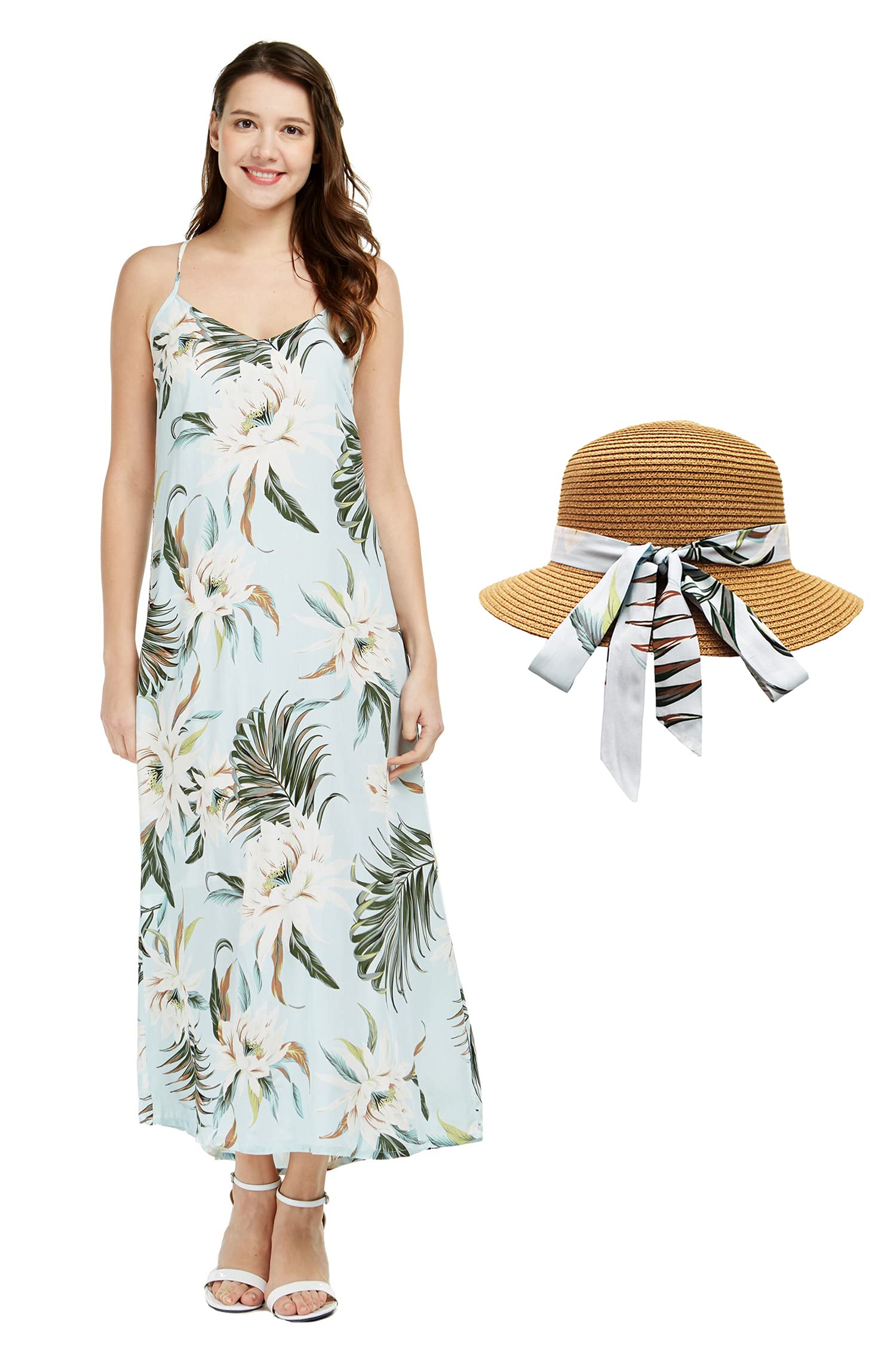 Hawaiian Luau Maxi Dress for Women - Floral Sweetheart Neckline Black Long Dress for Beach Party, Summer Vacation & Tropical Events