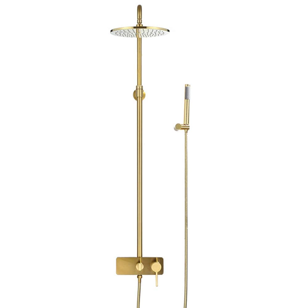 10 Inch Brushed Gold Rain Mixer Shower Combo Set - Wall Mounted Exposed Bathroom Shower Faucet with Brass Rainfall Shower Head, Handheld Shower & Tub Spout - Perfect for Modern Bathroom Renovation & Spa-Like Shower Experience