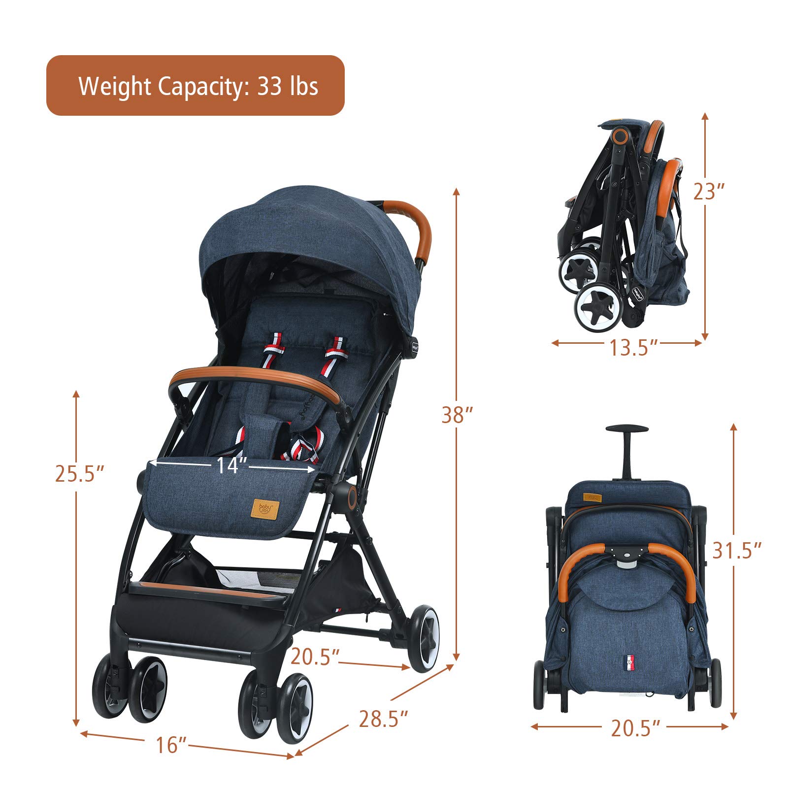 BABY JOY Lightweight Compact Baby Stroller for Travel - Airplane Approved Infant Stroller with 5-Point Safety Harness, Adjustable Backrest & Canopy, Storage Basket | Easy One-Hand Fold Blue Stroller | Perfect for Air Travel, Shopping, and Daily Walks