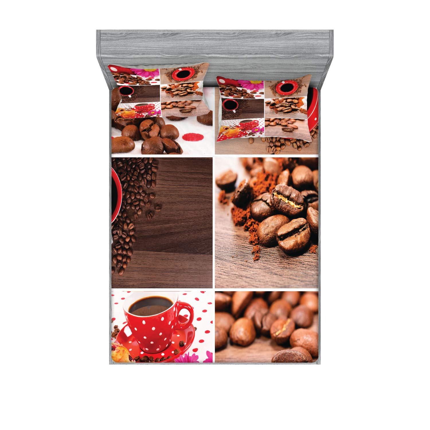 Ambesonne Coffee Themed 3-Piece Bedding Set - King Size Fitted Sheet & Pillow Shams with Mugs, Polka Dots, Flowers, Beans & Muffins Print in Brown/Red | Perfect for Coffee Lovers' Bedroom Decor, Gift for Baristas & Cozy Home Styling