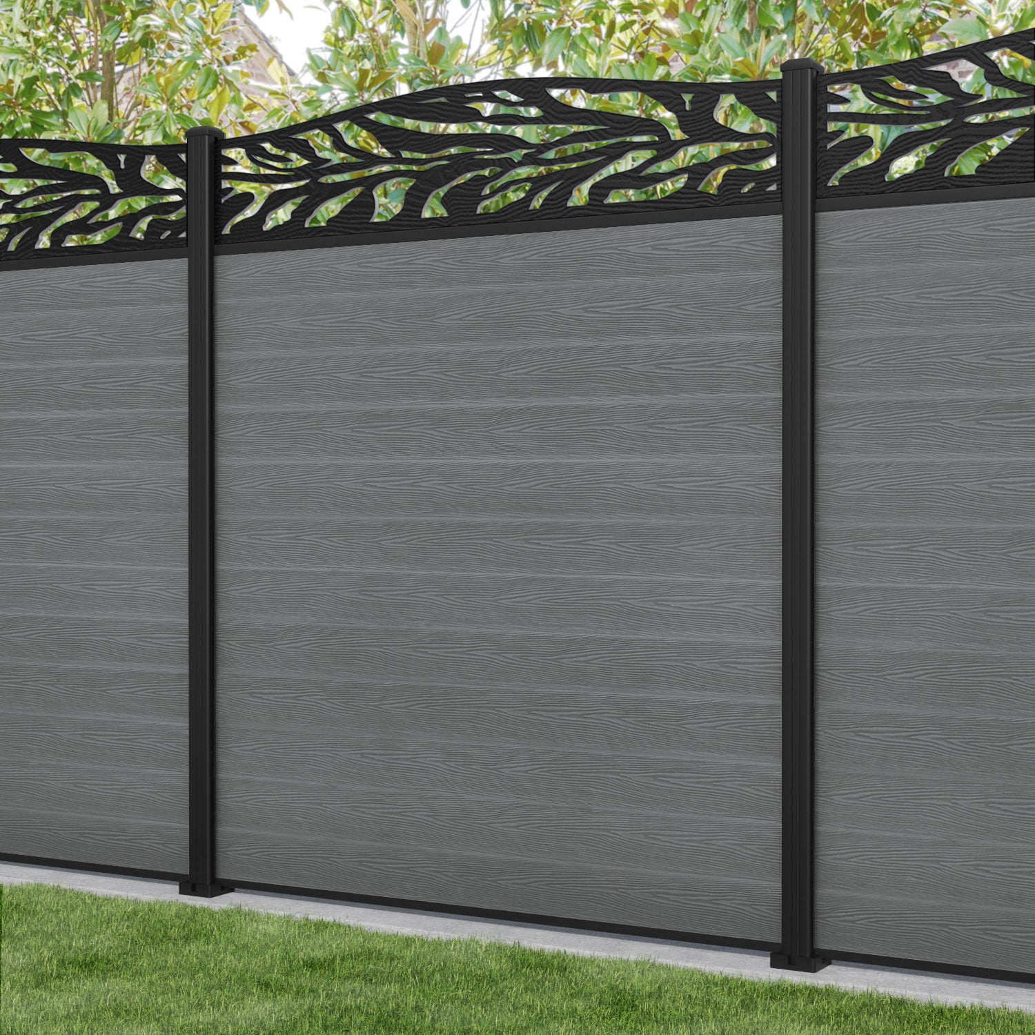 Classic Malawi Curved Top Fence Panel - Mid Grey with Aluminum Posts | Durable Garden Fencing for Backyard Privacy & Decoration
