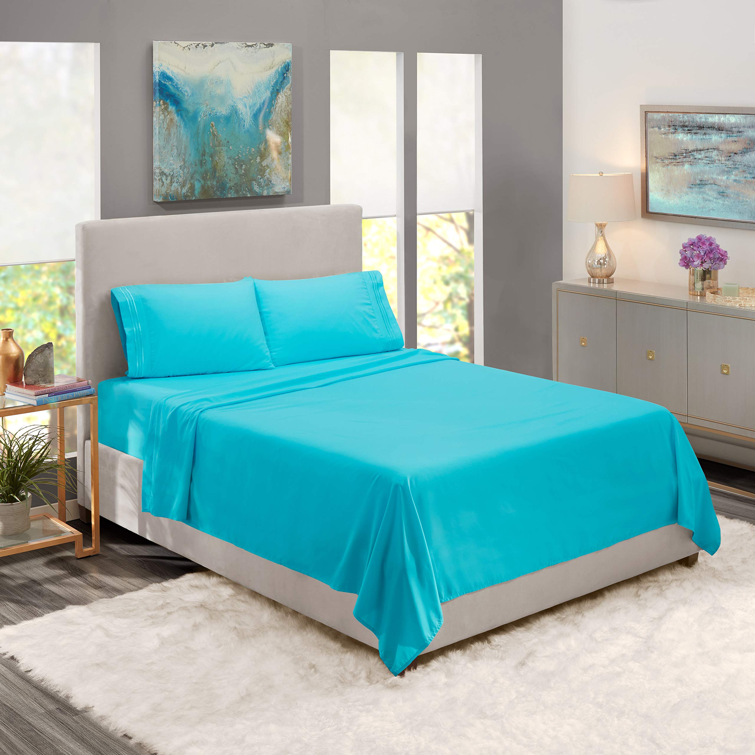 Nestl Ultra Soft Down Alternative Comforter & Bed Sheet Set - Twin Size 3-Piece - Navy/Aqua - Cozy Bedding for Kids, Teens & Guest Rooms
